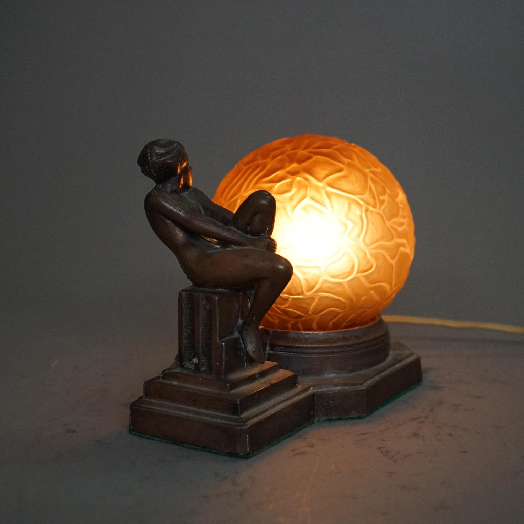 Cast Antique Frankart Figural Nude Table Lamp with Textured Globe C1920
