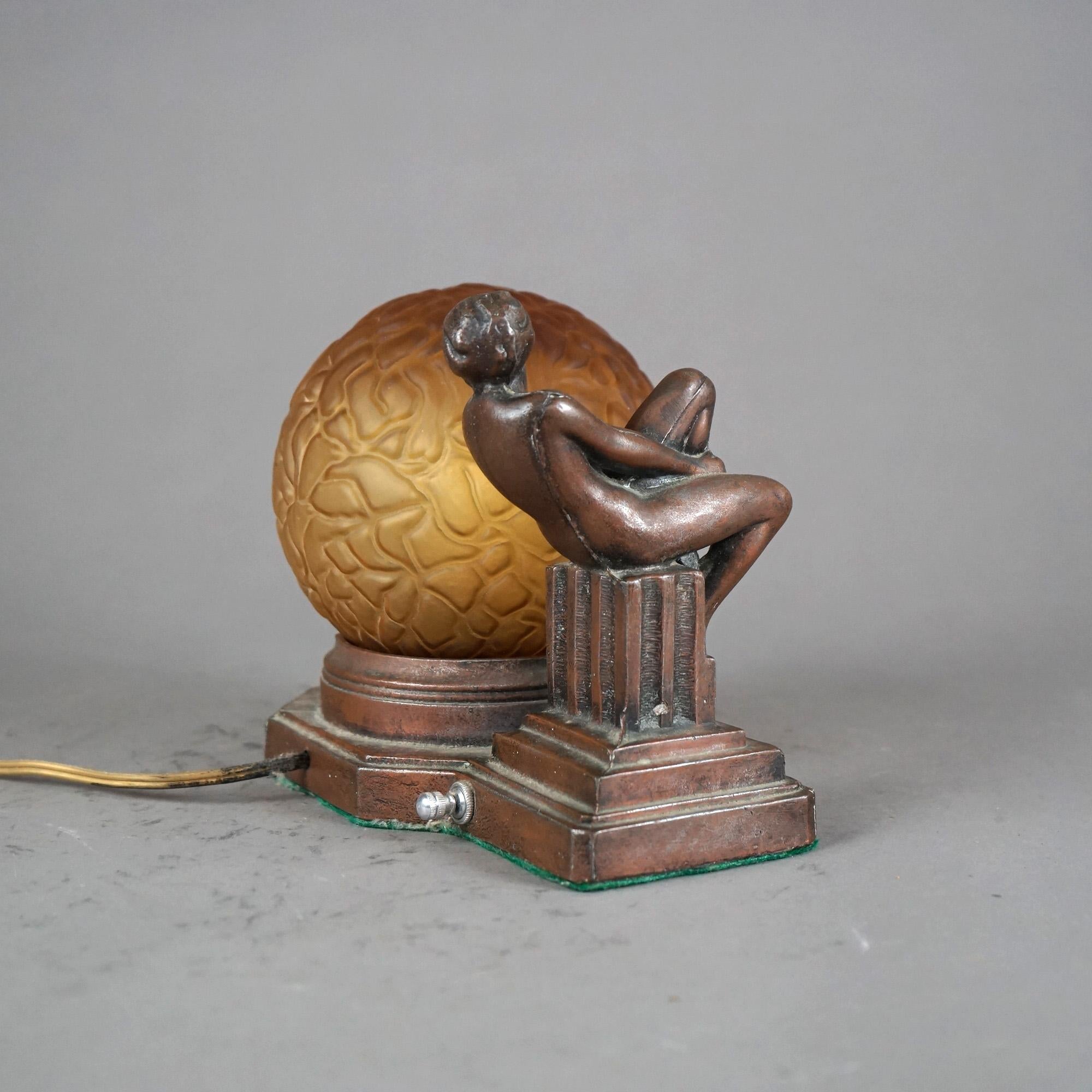 Metal Antique Frankart Figural Nude Table Lamp with Textured Globe C1920