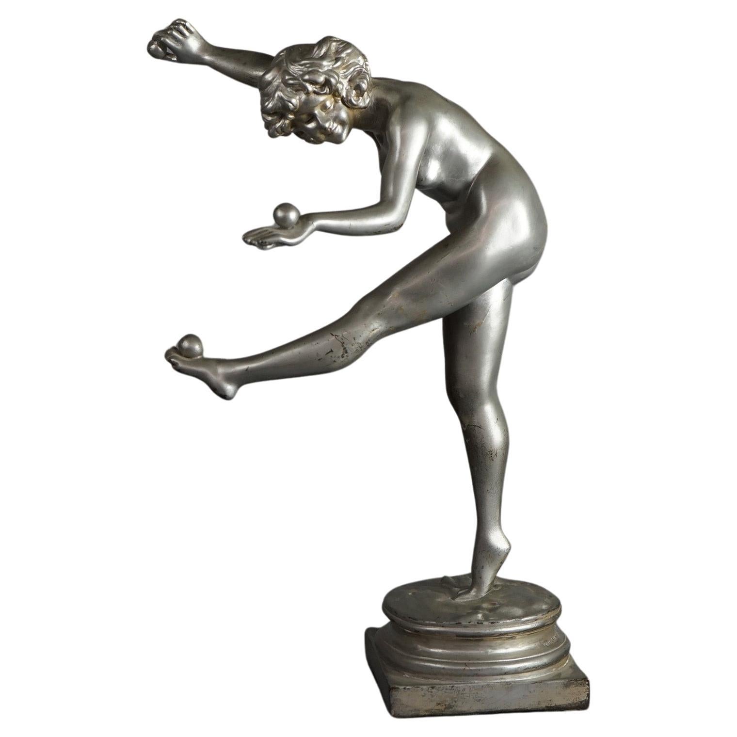Antique Frankart School Art Deco Figural Nude Silvered Metal Sculpture c1920