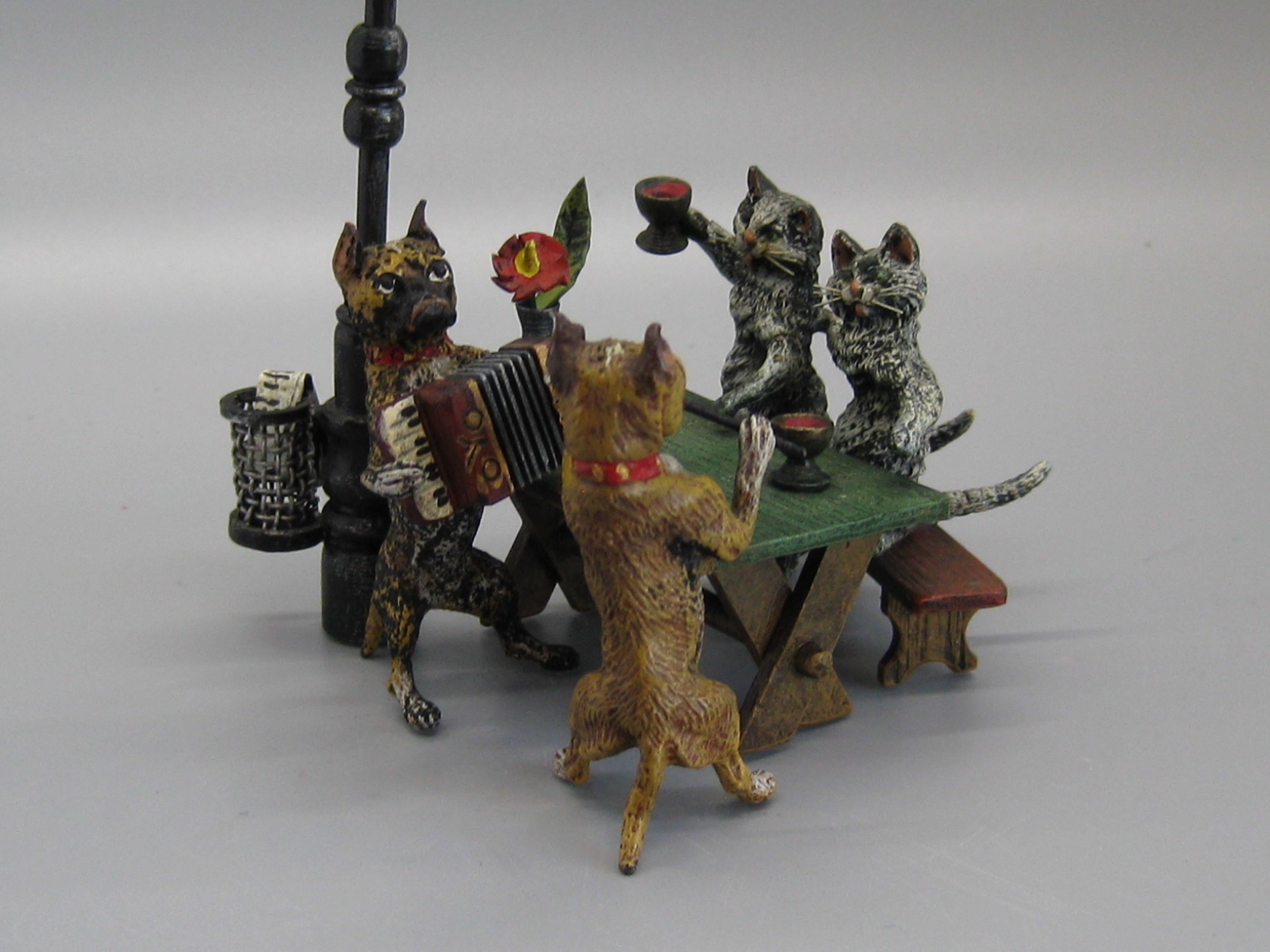 20th Century Antique Franz Bergman Austrian Vienna Bronze Cold Paint Cat and Dog Bar Scene