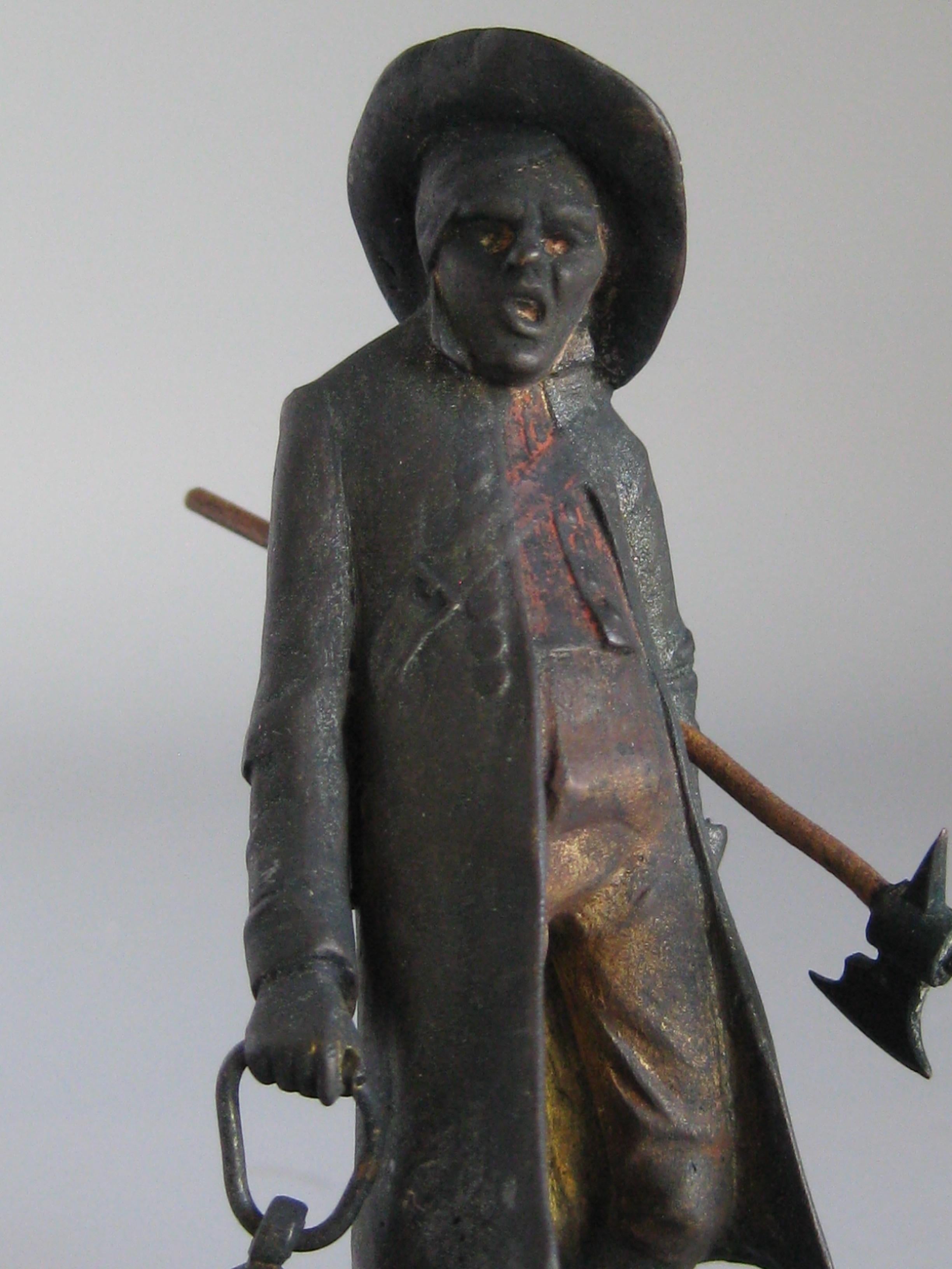 Very tough to find Vienna bronze of a night watchman and is by Franz Bergman. The bronze figure dates from the late 1800s-early 1900s. Has cold paint accents. The lantern in his hand swings. Great detail and is marked on the bottom with the makers