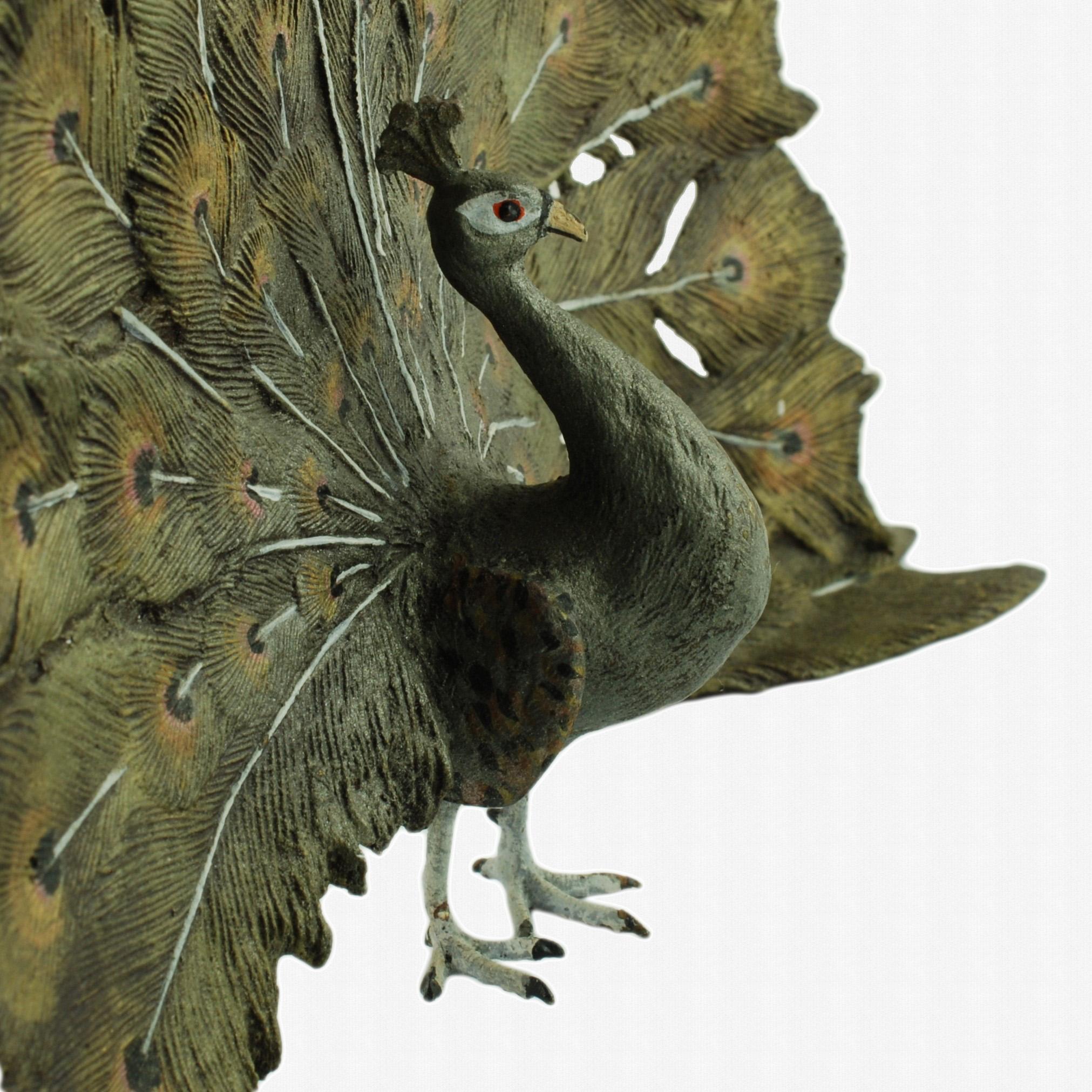 Cold-Painted Antique Franz Bergman Bruno Zach Cold Painted Bronze Peacock with Fanned Train For Sale
