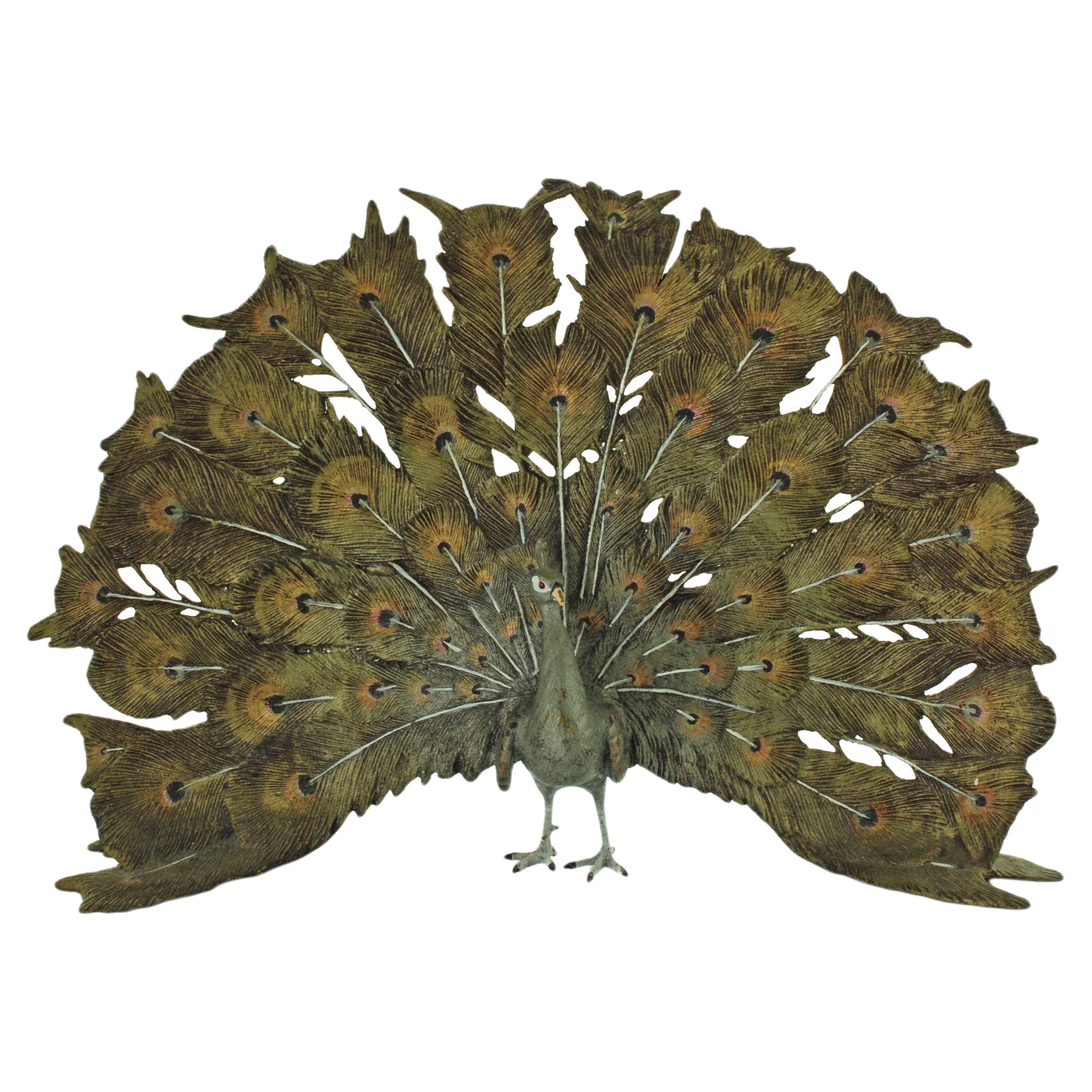 Antique Franz Bergman Bruno Zach Cold Painted Bronze Peacock with Fanned Train For Sale