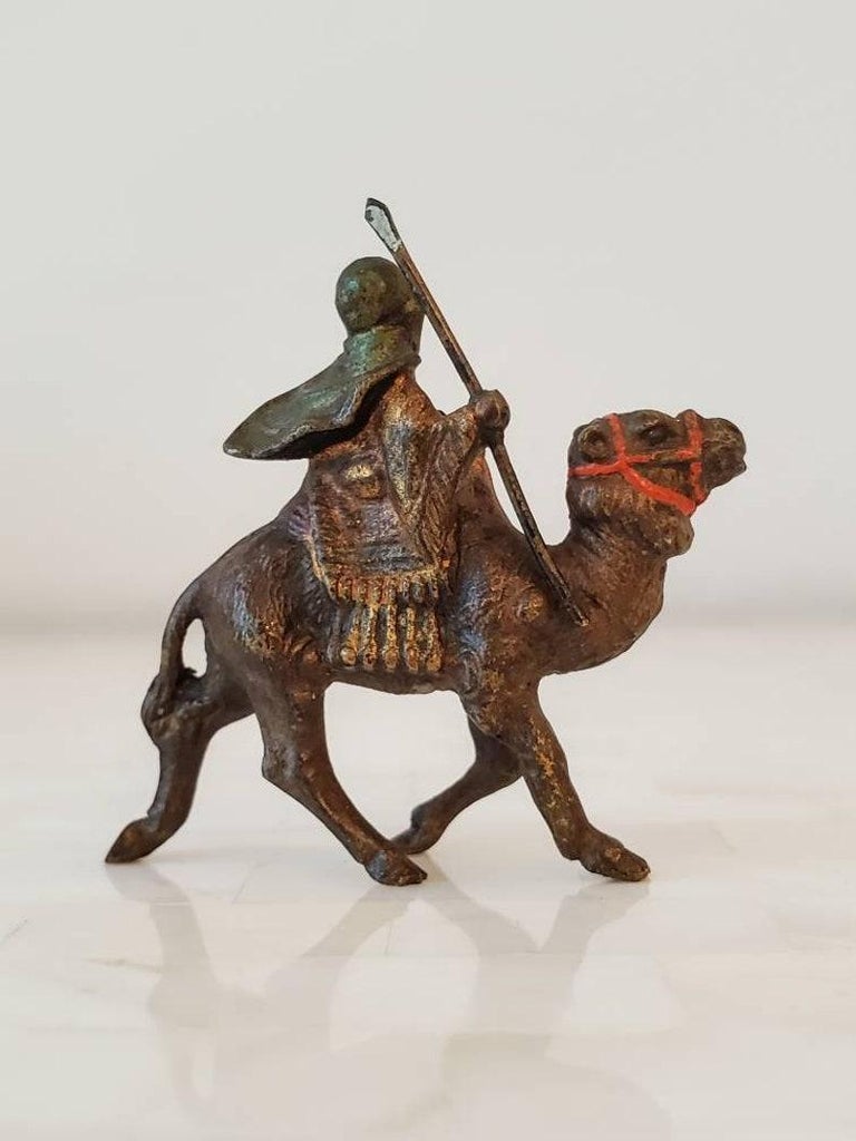 A very fine Viennese cold painted bronze orientalist miniature sculpture attributed to Bergman. Born in Vienna, Austria, in the late 19th century, intricately sculpted very small size, richly detailed, partial gilt, polychrome decorated, the