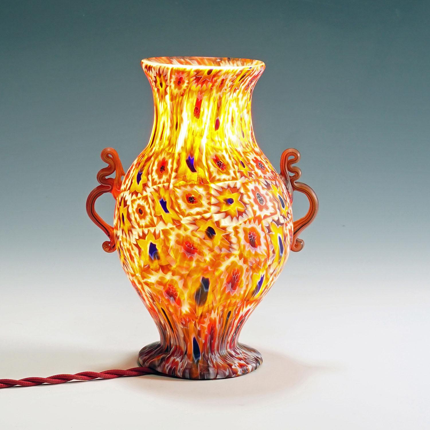 Art Glass Antique Fratelli Toso Millefiori Lamp with Handles, Murano circa 1910 For Sale