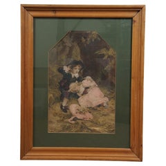 Antique Fred Morgan Babes in the Wood Lithograph Print Pine Frame 31"