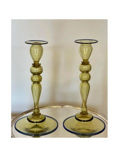 Antique Frederick Carder for Steuben Topaz Crystal & Blue Art Glass Candlesticks