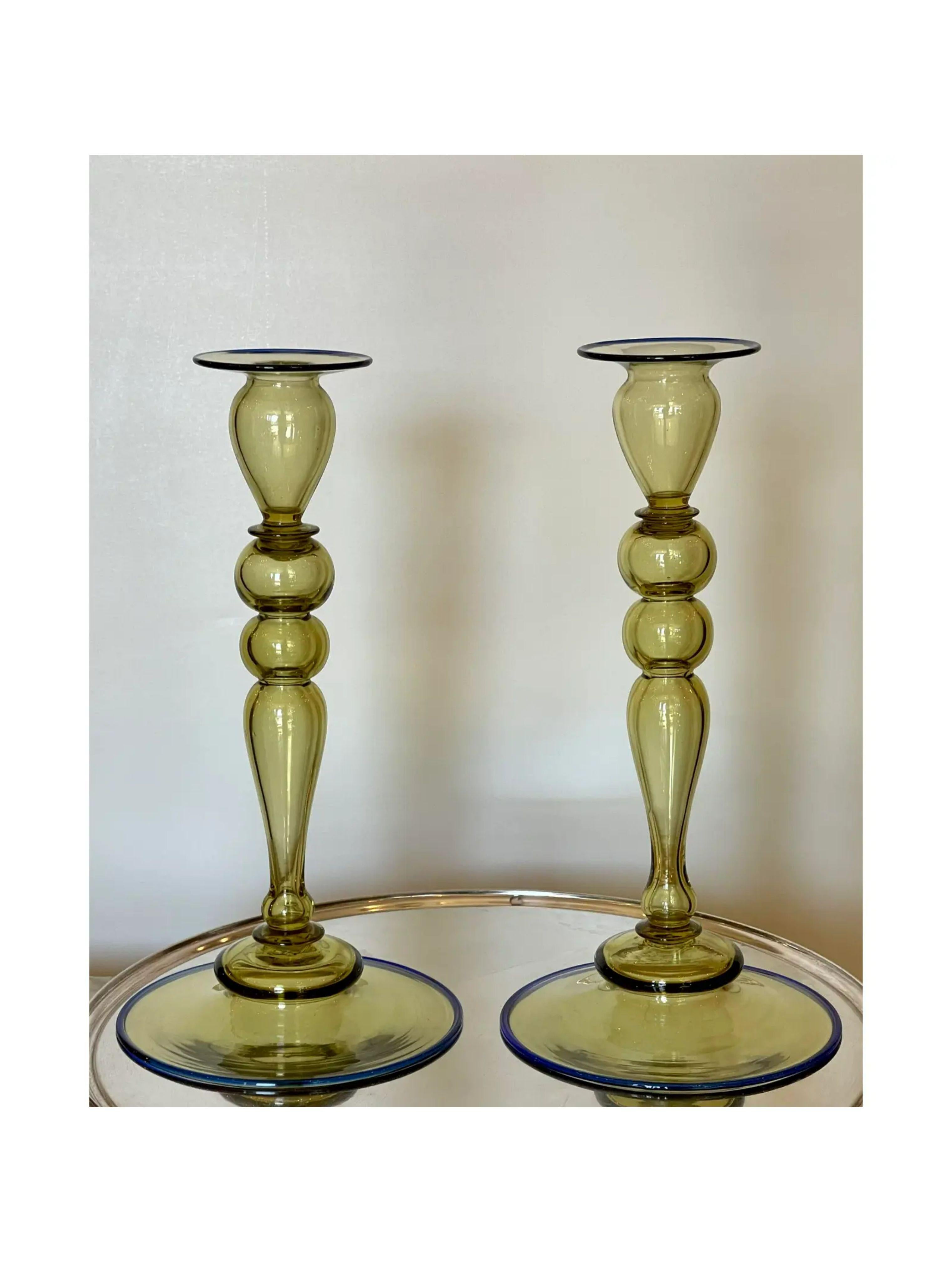 Antique Frederick Carder for Steuben Topaz Crystal & Blue Art Glass Candlesticks In Good Condition In LOS ANGELES, CA