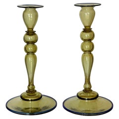Anciennes bougeoirs Frederick Carder pour Steuben en cristal topaze et verre d'art bleu