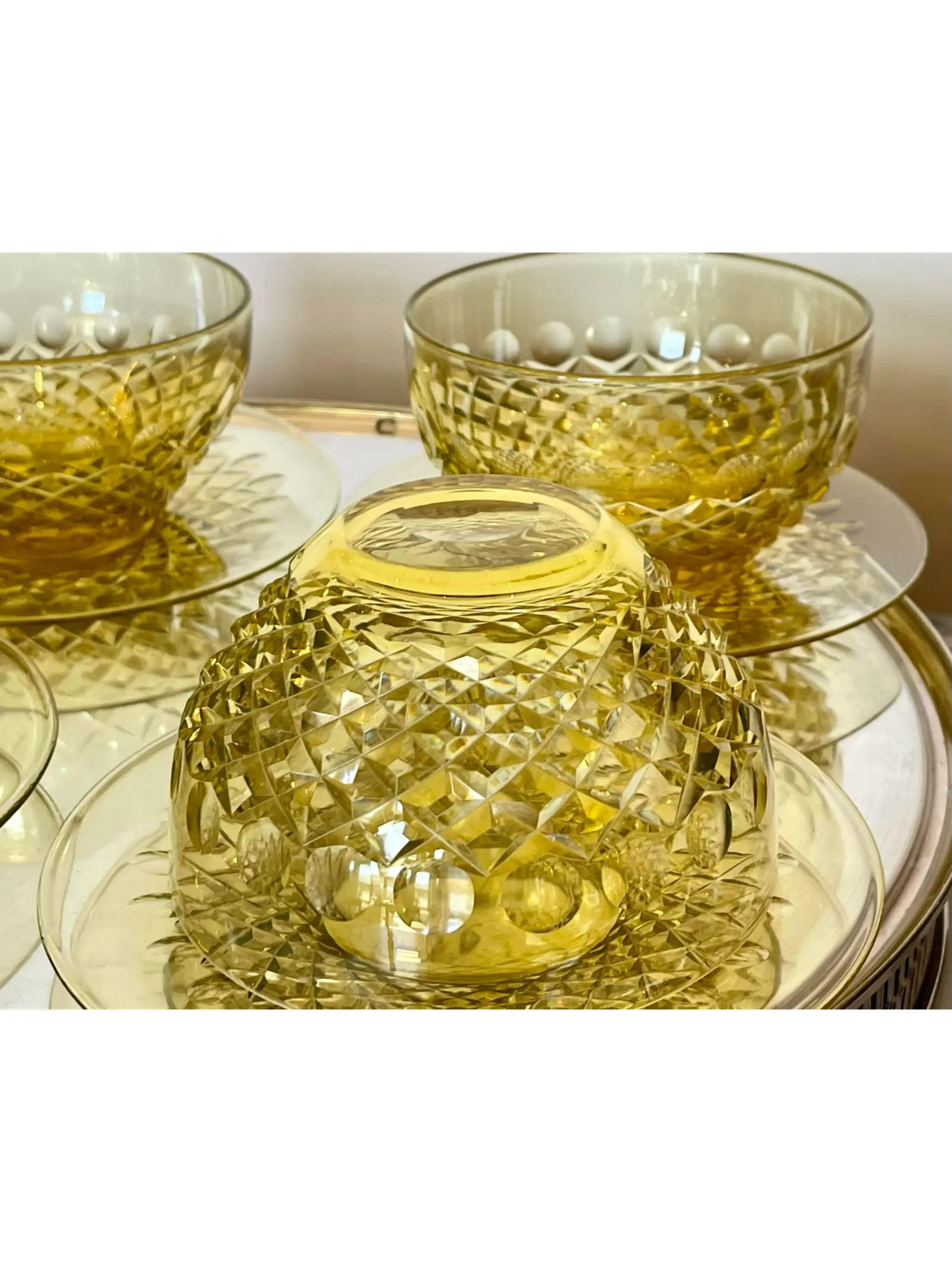 Art Deco Antique Frederick Carder for Steuben Yellow Crystal Bowls & Underplates 8 Pc Set For Sale