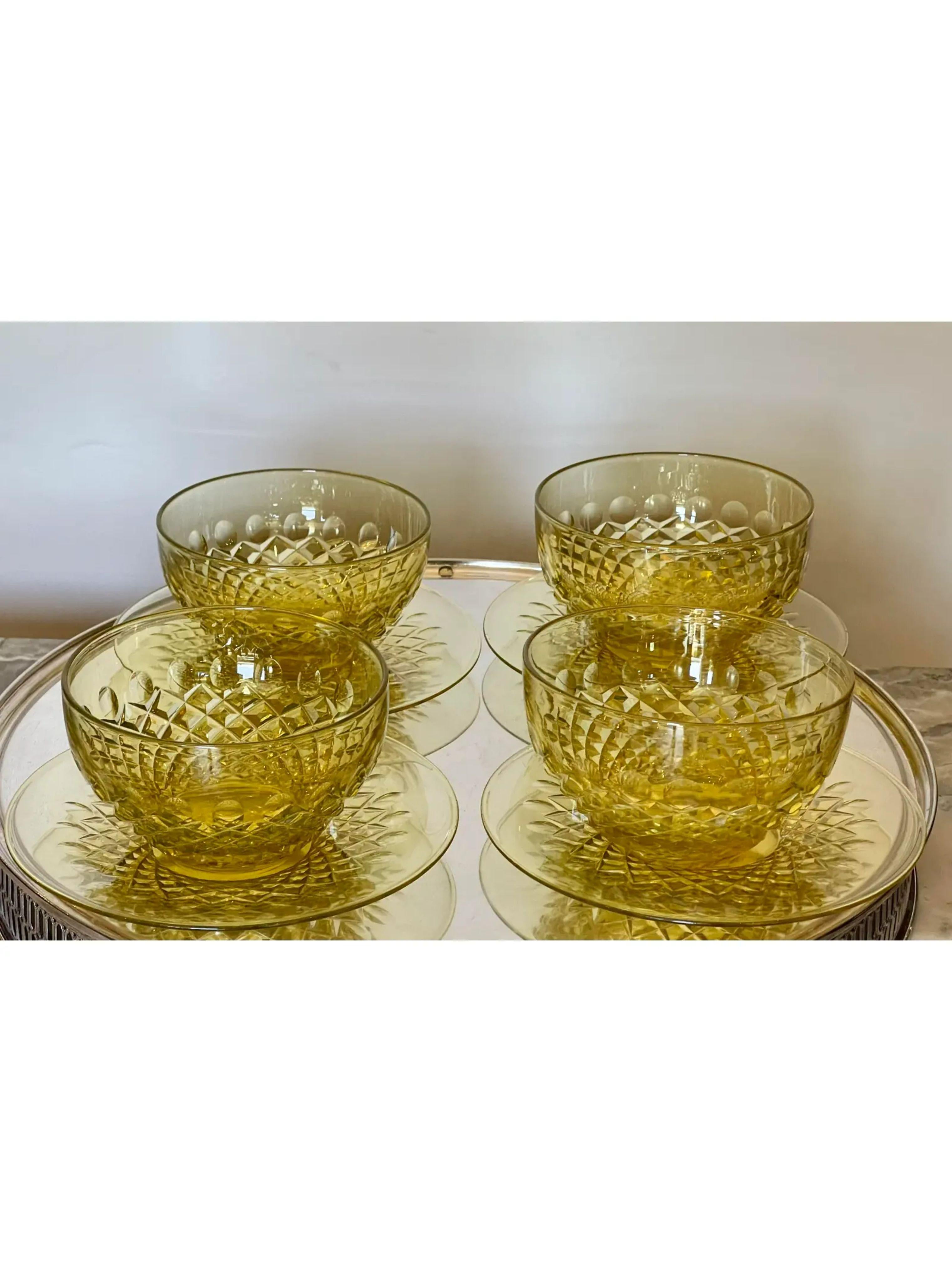 20th Century Antique Frederick Carder for Steuben Yellow Crystal Bowls & Underplates 8 Pc Set For Sale