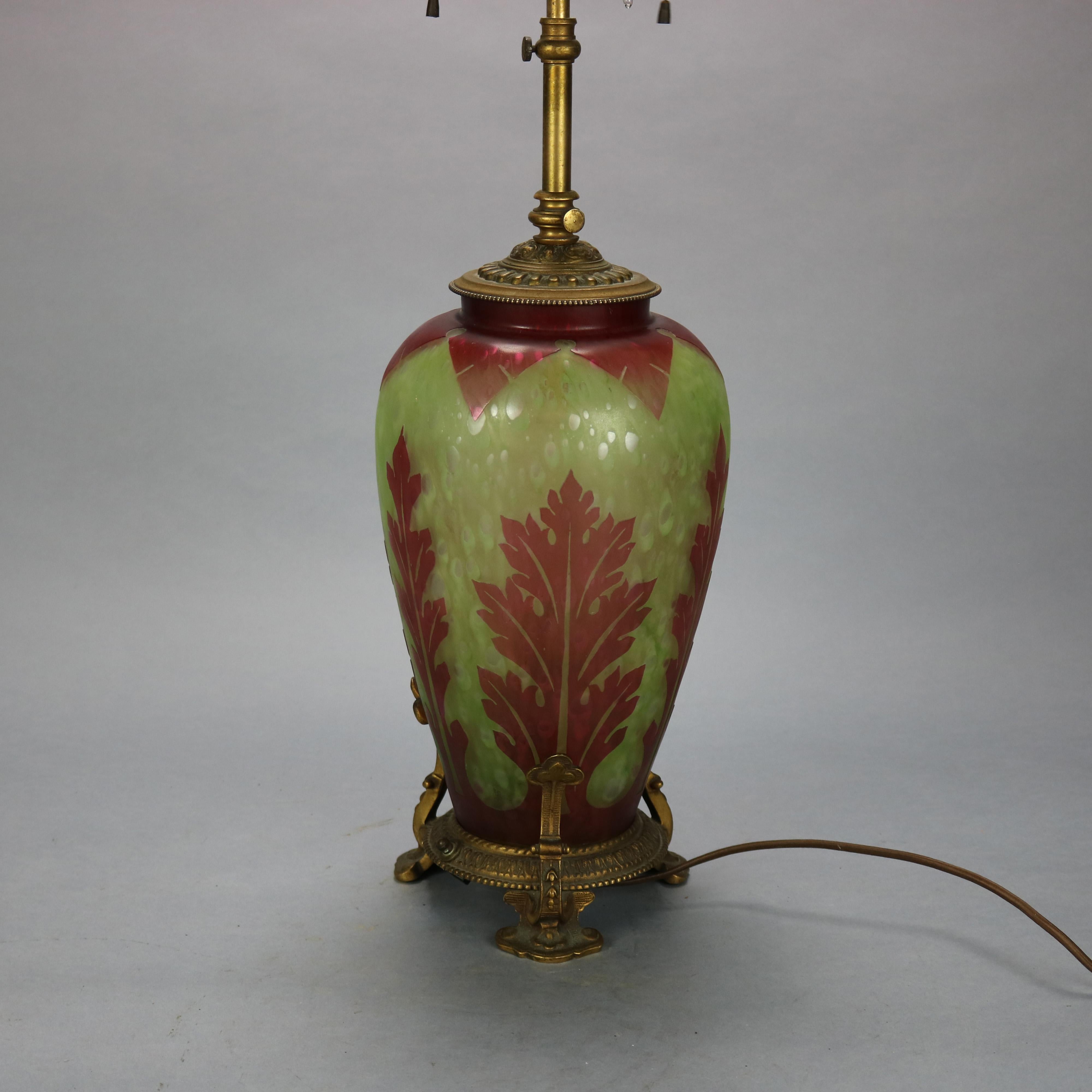 Art Glass Antique Frederick Carder Steuben Cluthra Etched Cut Back Table Lamp, Circa 1920