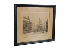Antike Radierung von Frederick Leo Hunter: „Maiden Lane, New York Harbor – Maritimes Stadtbild“