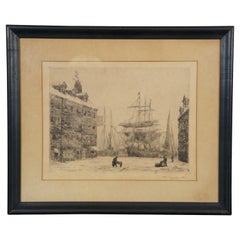 Antike Radierung von Frederick Leo Hunter: „Maiden Lane, New York Harbor – Maritimes Stadtbild“