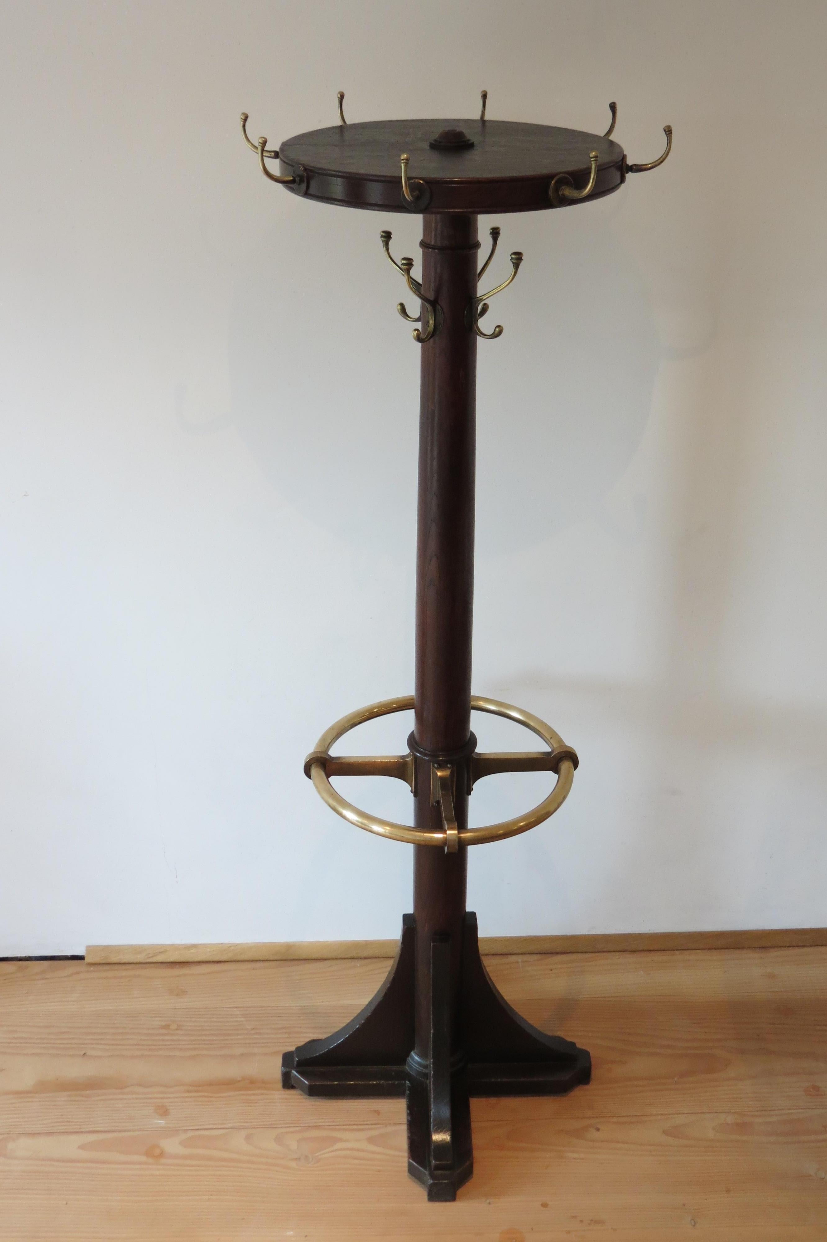 Antique Freestanding Oak and Brass Coat Rack 3