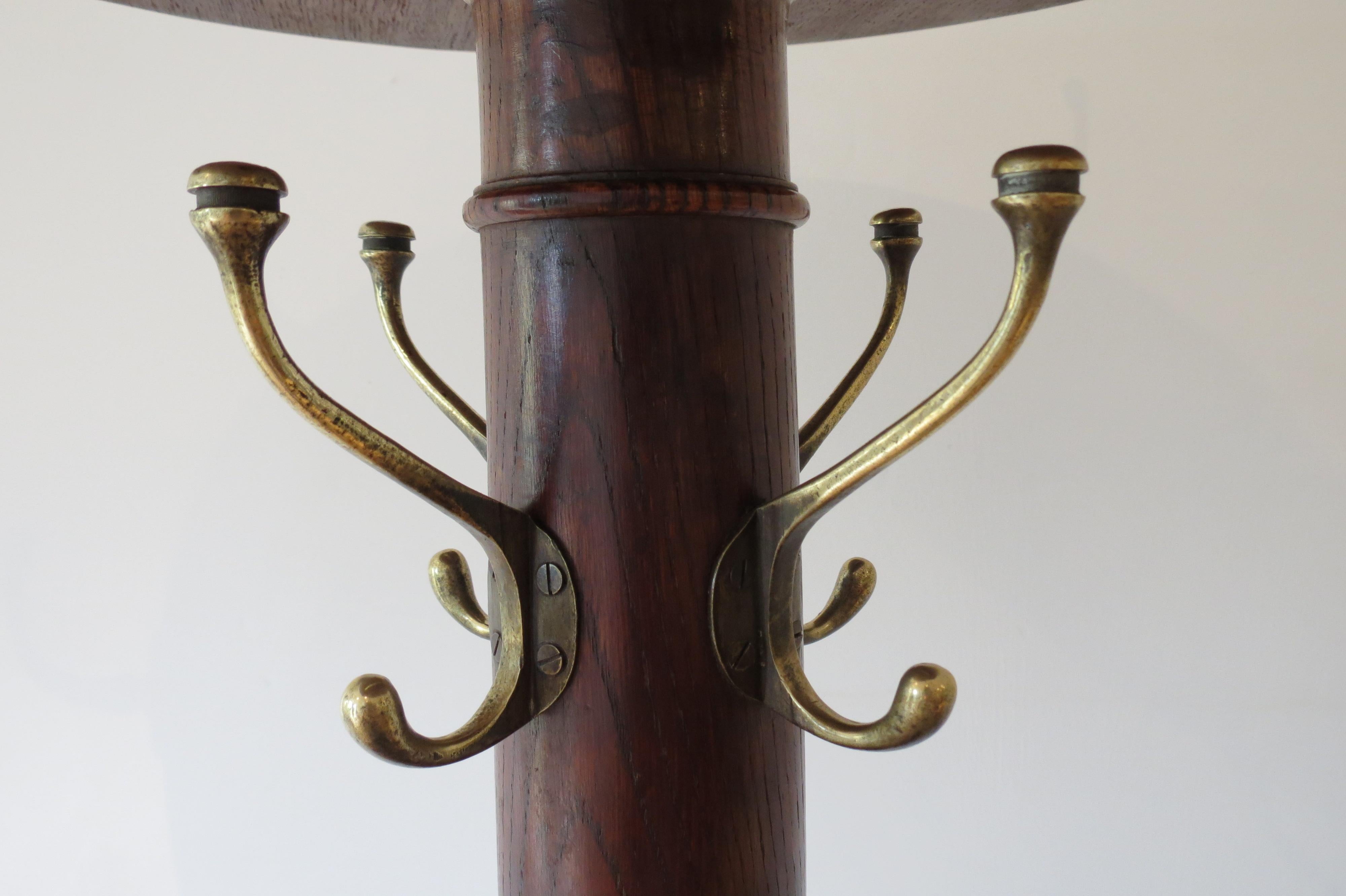 Victorian Antique Freestanding Oak and Brass Coat Rack