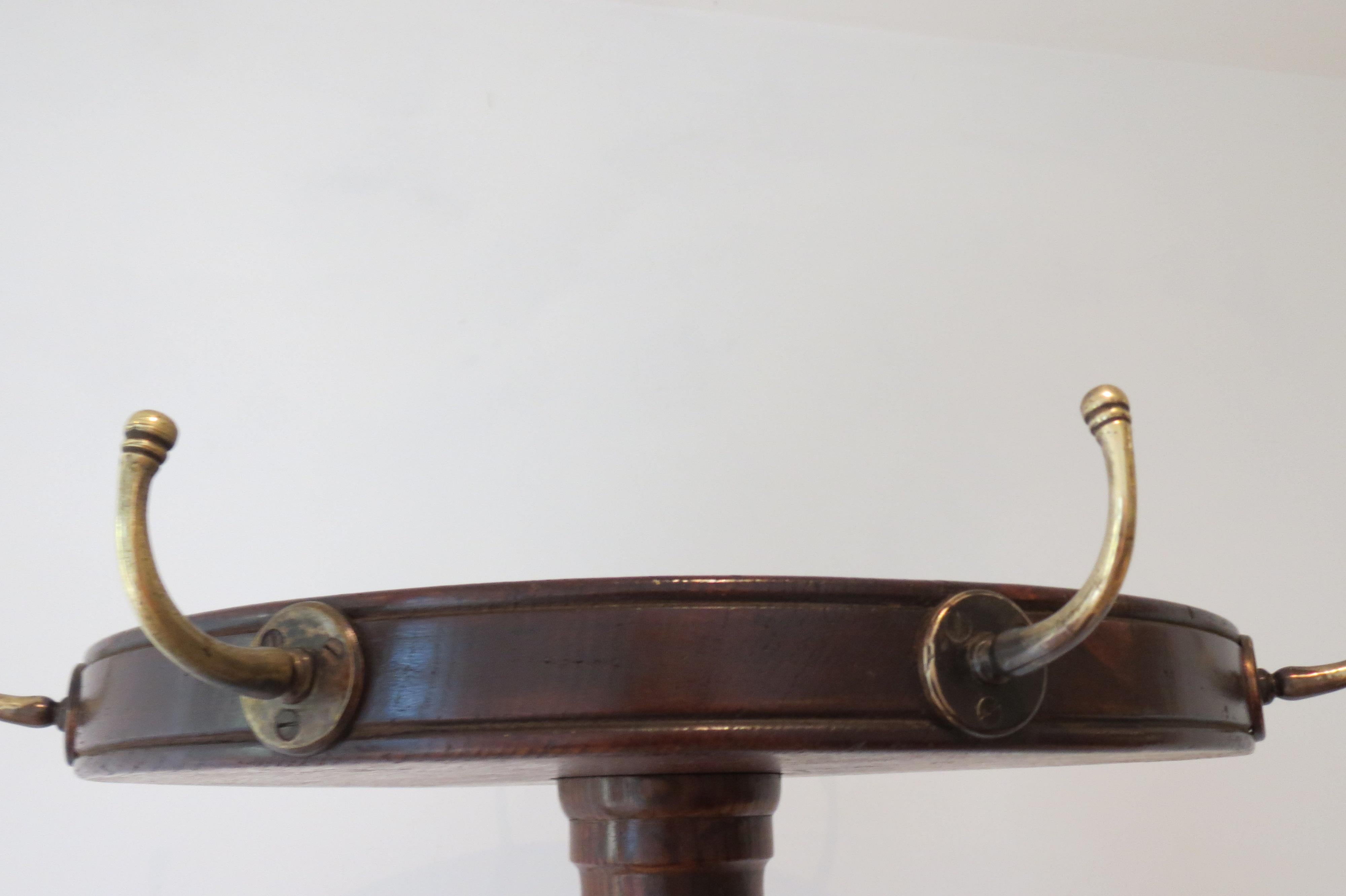 English Antique Freestanding Oak and Brass Coat Rack