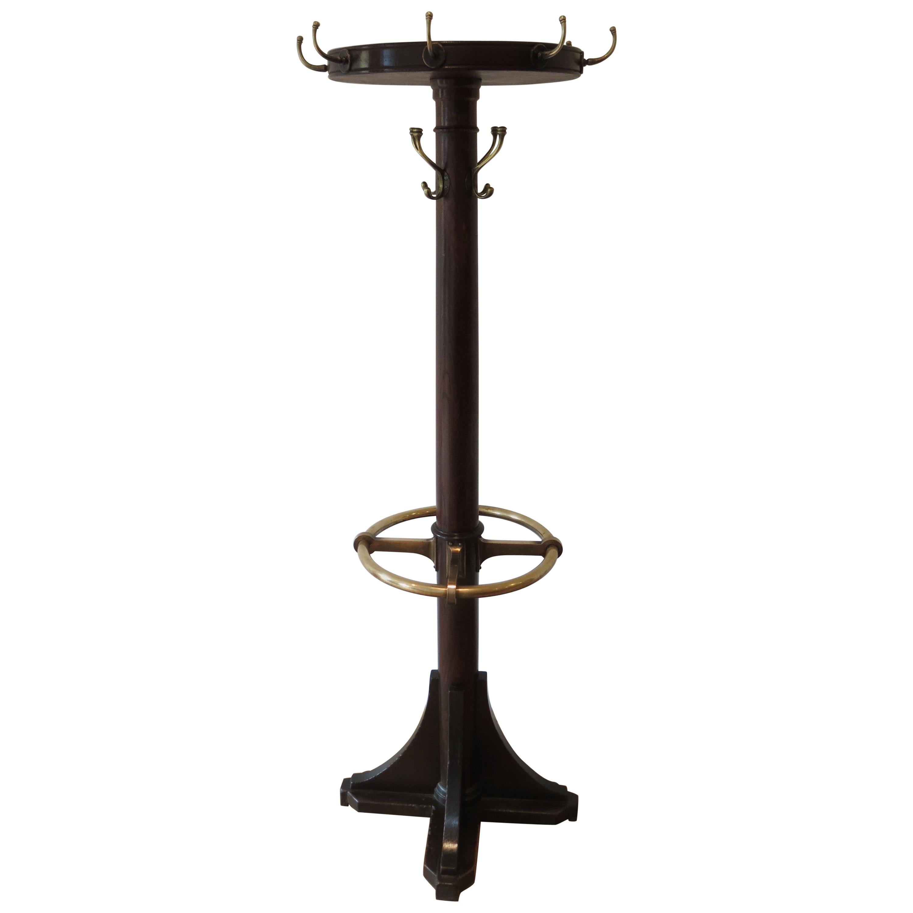 Antique Freestanding Oak and Brass Coat Rack