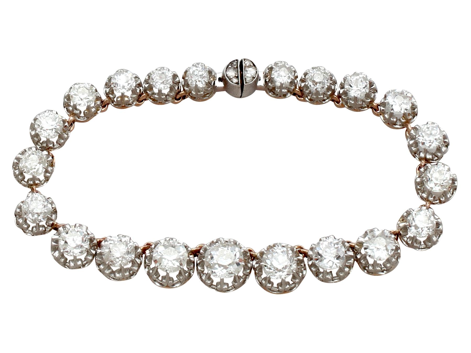 A stunning antique French 11.12 carat diamond and 14 carat yellow gold, platinum set bracelet / necklace; part of our diverse antique jewellery and estate jewelry collections.

This stunning, fine and impressive diamond bracelet has been crafted in