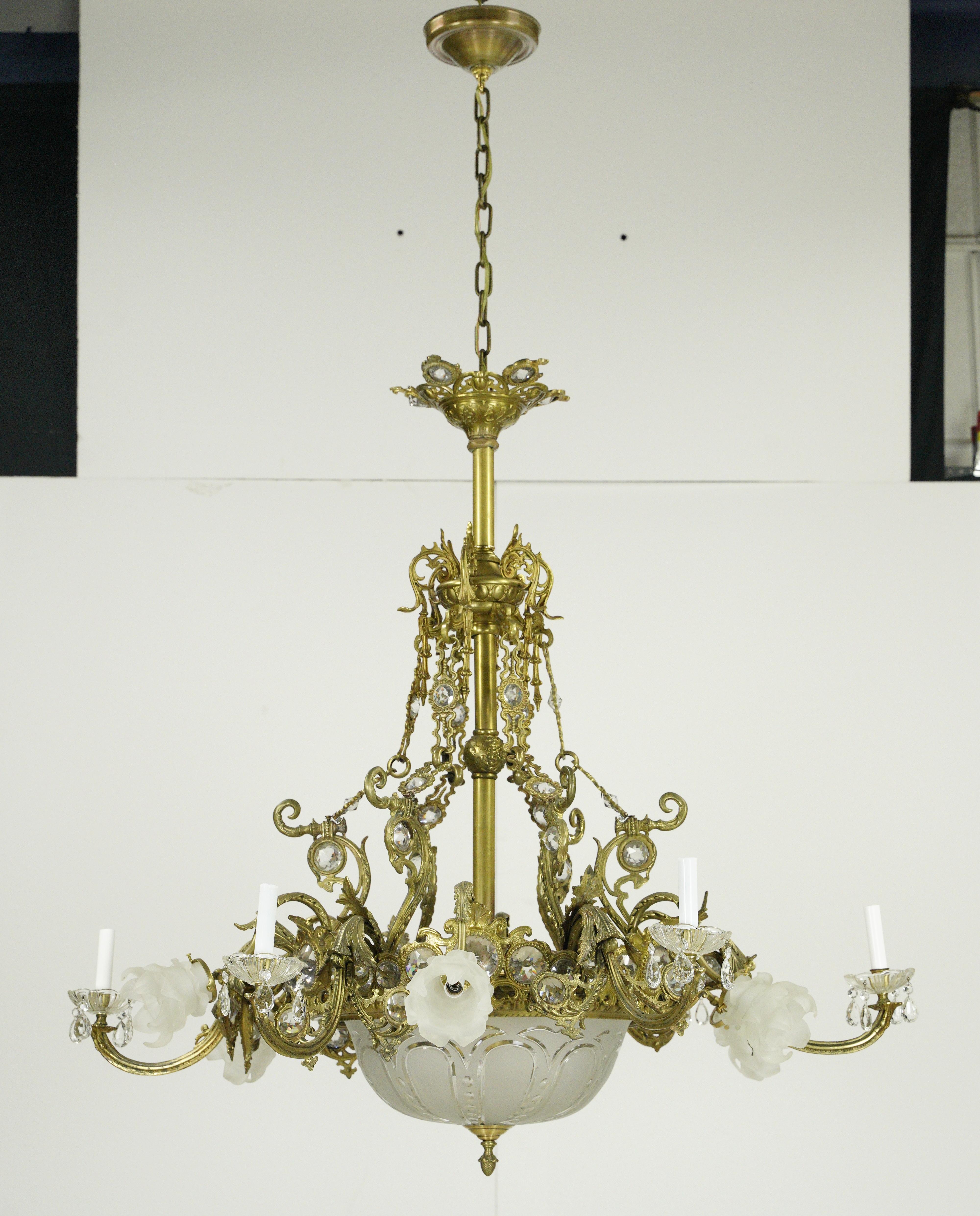 Antique French 12 Arm 15 Light Bronze & Glass Chandelier For Sale 9
