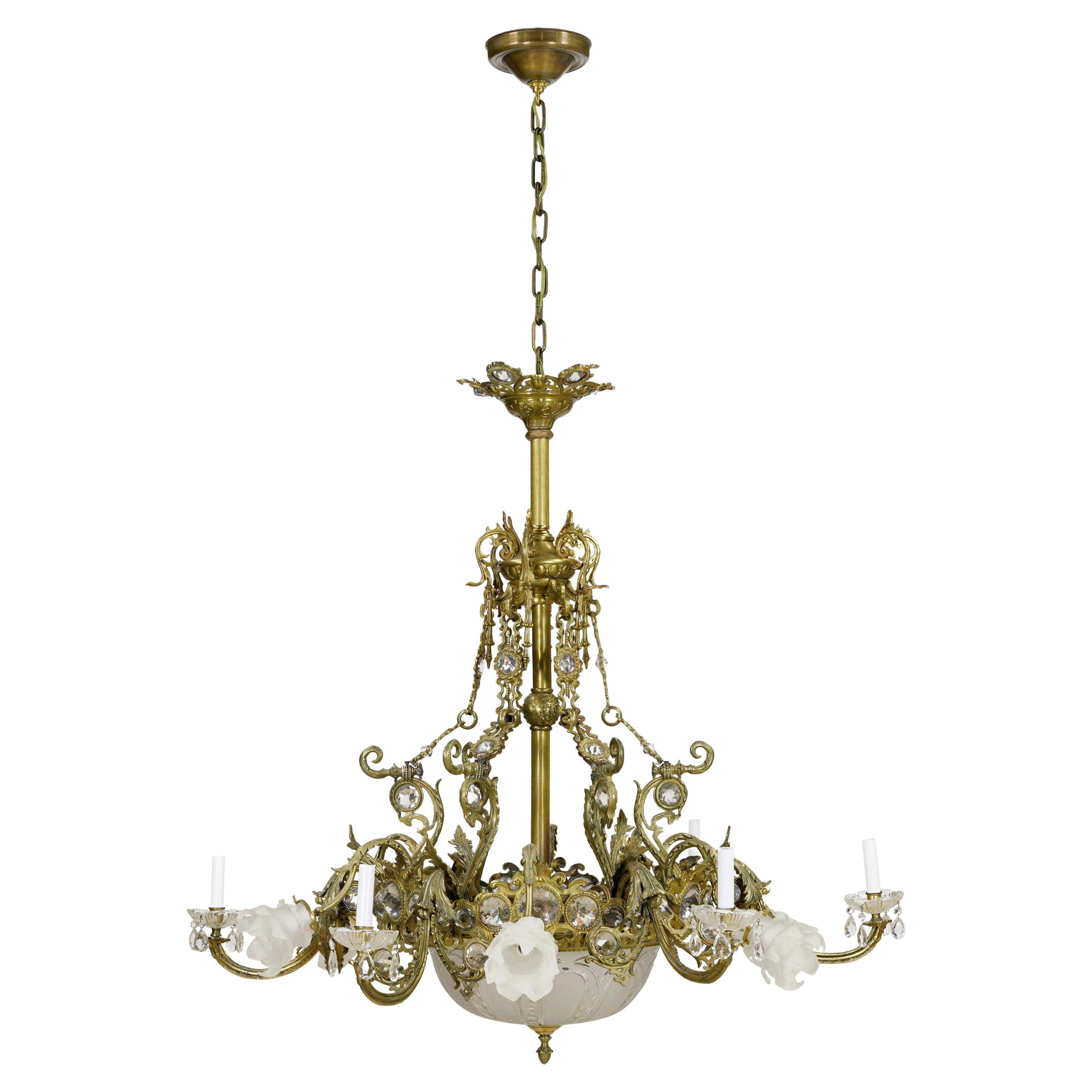 Antique French 12 Arm 15 Light Bronze & Glass Chandelier For Sale
