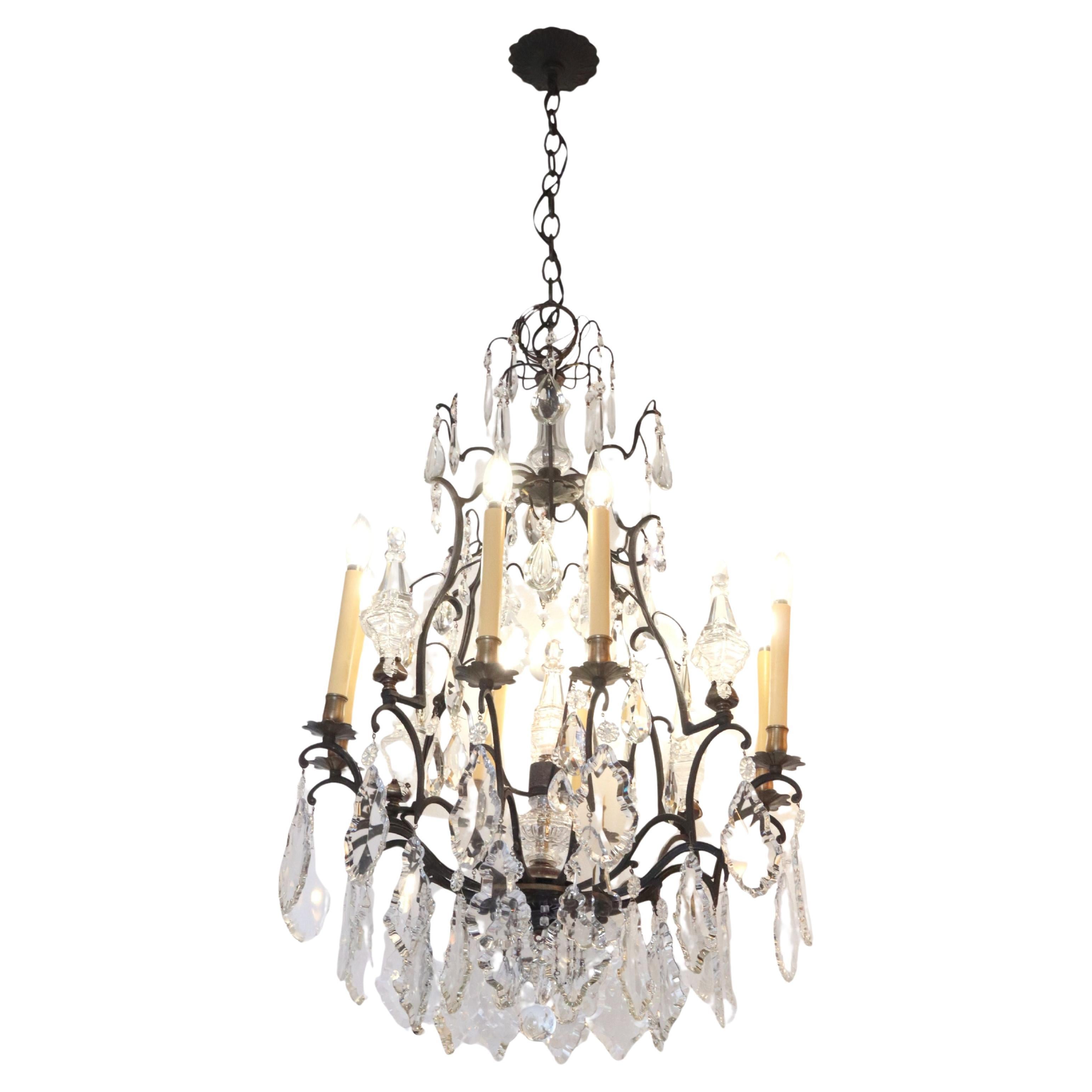 Antique French 12 Arm Bronze & Crystal Chandelier