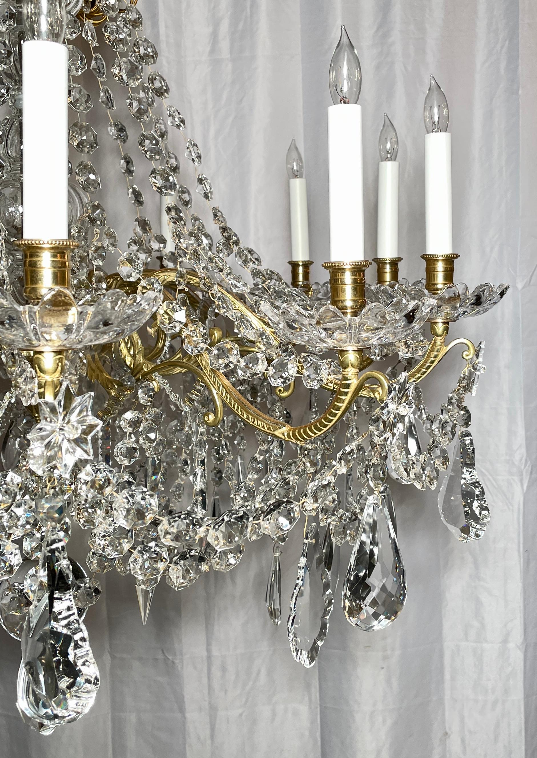 19th Century Antique French Cut Crystal and Gold Bronze 12-Light Chandelier, Circa 1890. For Sale