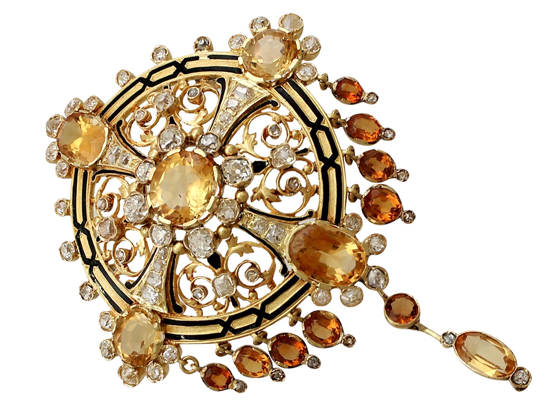Pendentif ancien en or et émail avec citrine de 12,85 carats et diamant de 3,49 carats en vente 1