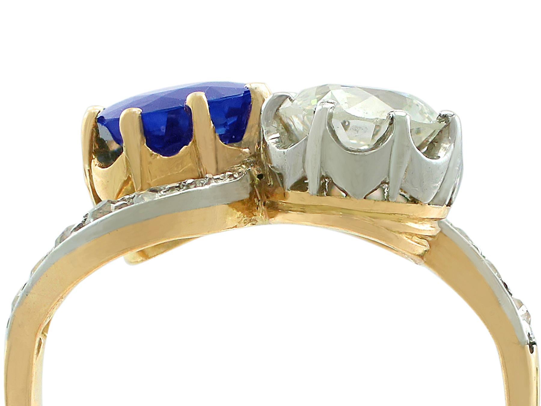 A stunning, fine and impressive antique 1.34Ct diamond (total) and 1.55 carat blue sapphire, 18k yellow gold twist ring; part of our antique jewelry collection.

This stunning, fine and impressive sapphire and diamond twist ring has been crafted in