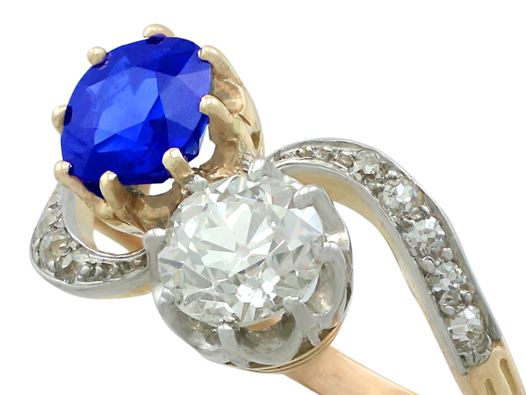 Round Cut Antique French 1.55 Carat Sapphire 1.34 Carat Diamond Yellow Gold Twist Ring