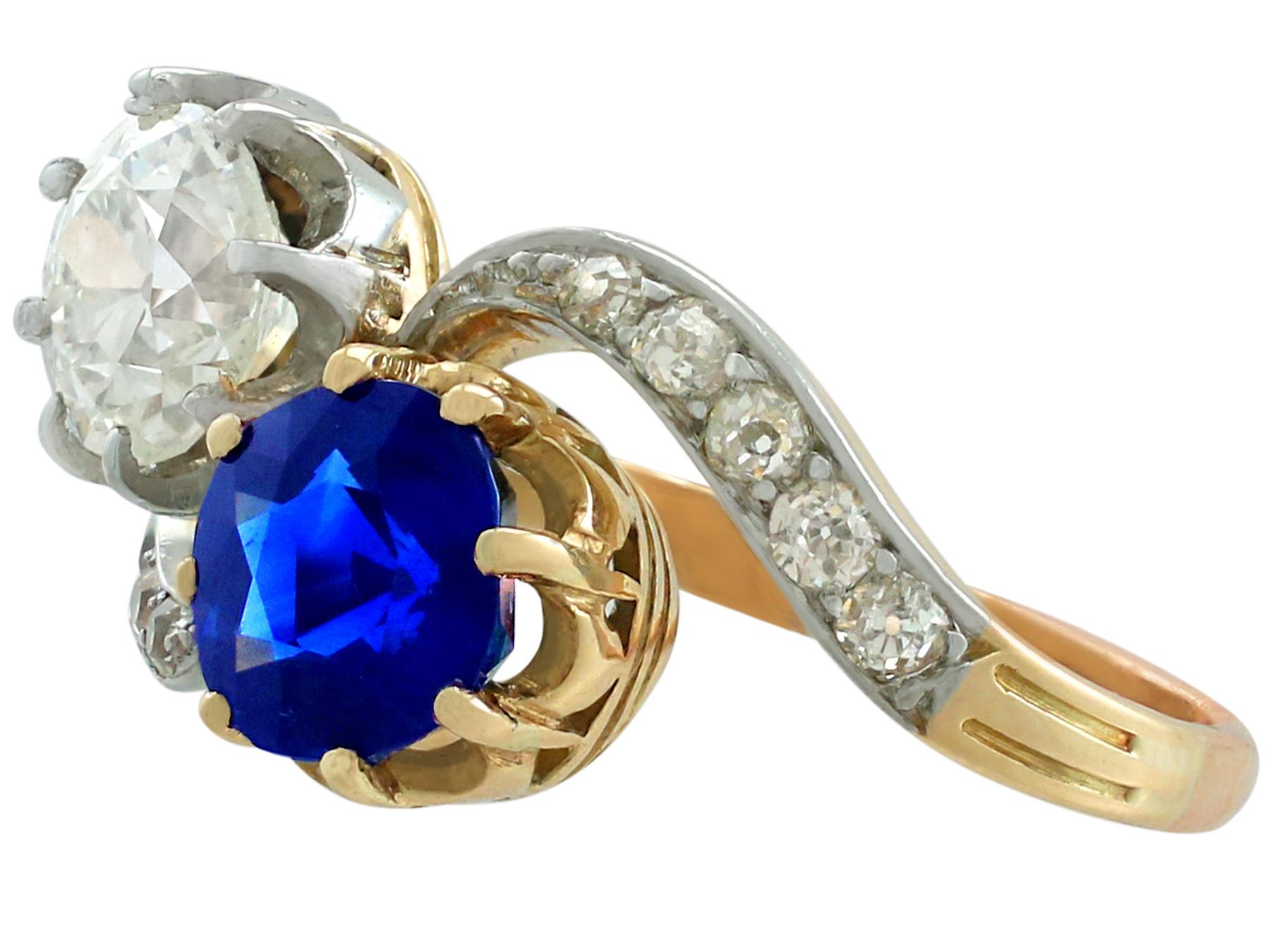 Antique French 1.55 Carat Sapphire 1.34 Carat Diamond Yellow Gold Twist Ring In Excellent Condition In Jesmond, Newcastle Upon Tyne
