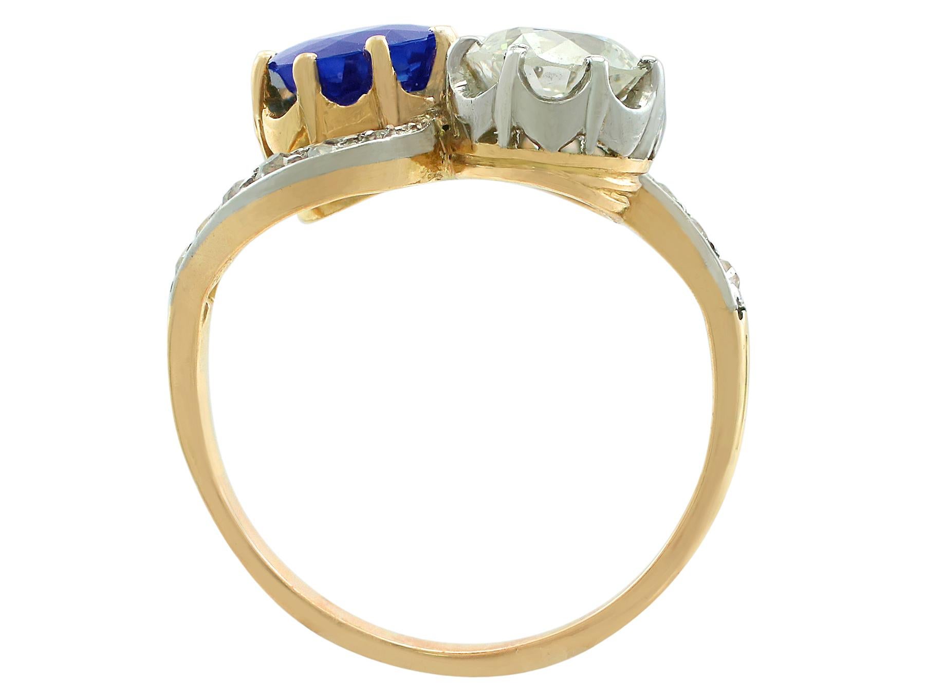 Women's Antique French 1.55 Carat Sapphire 1.34 Carat Diamond Yellow Gold Twist Ring