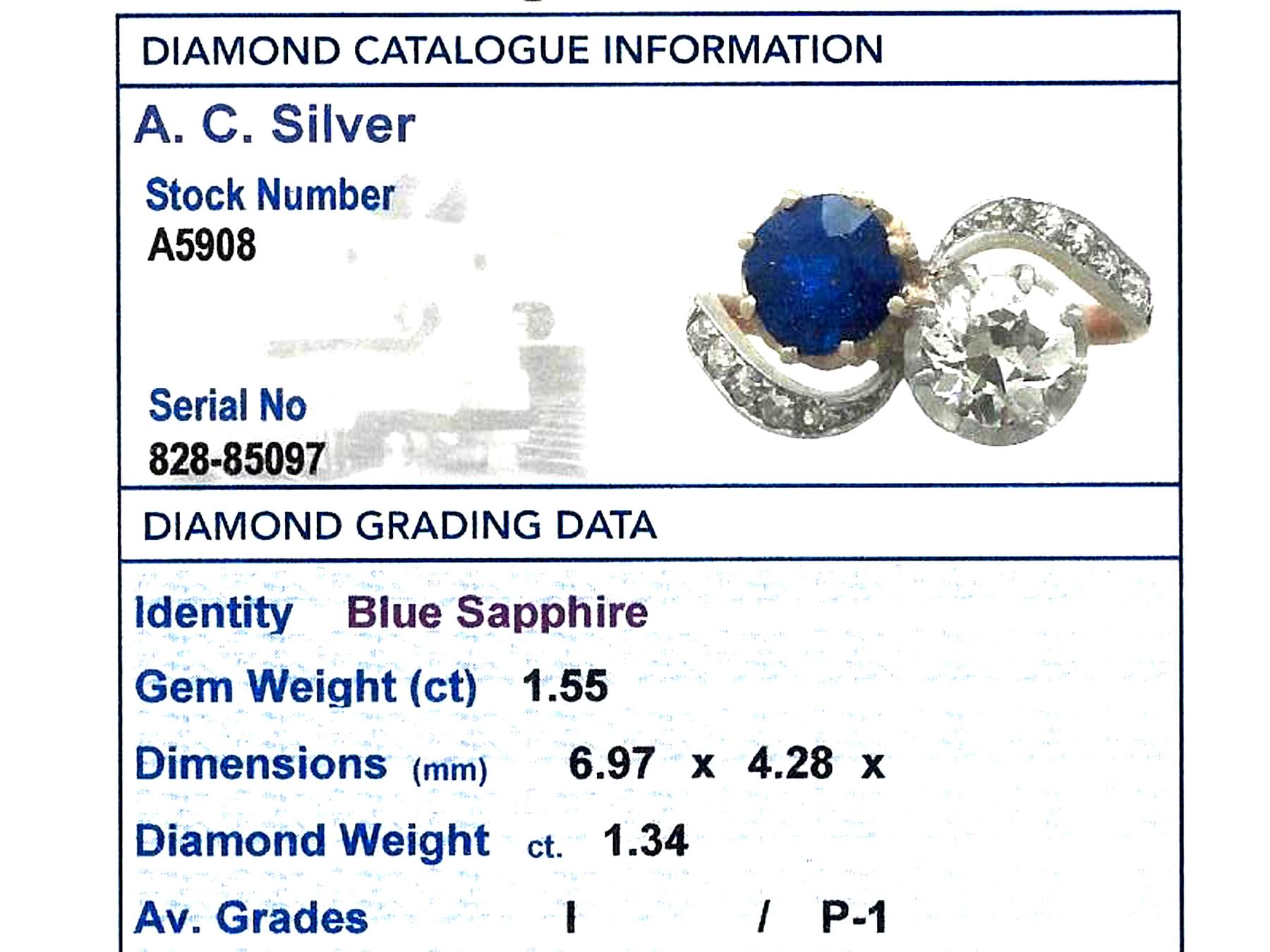 Antique French 1.55 Carat Sapphire 1.34 Carat Diamond Yellow Gold Twist Ring 1