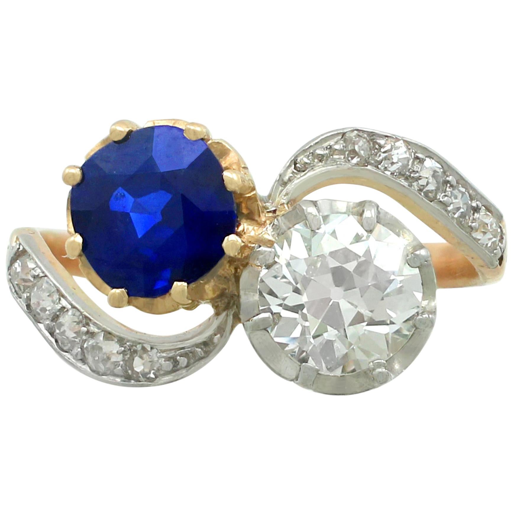 Antique French 1.55 Carat Sapphire 1.34 Carat Diamond Yellow Gold Twist Ring