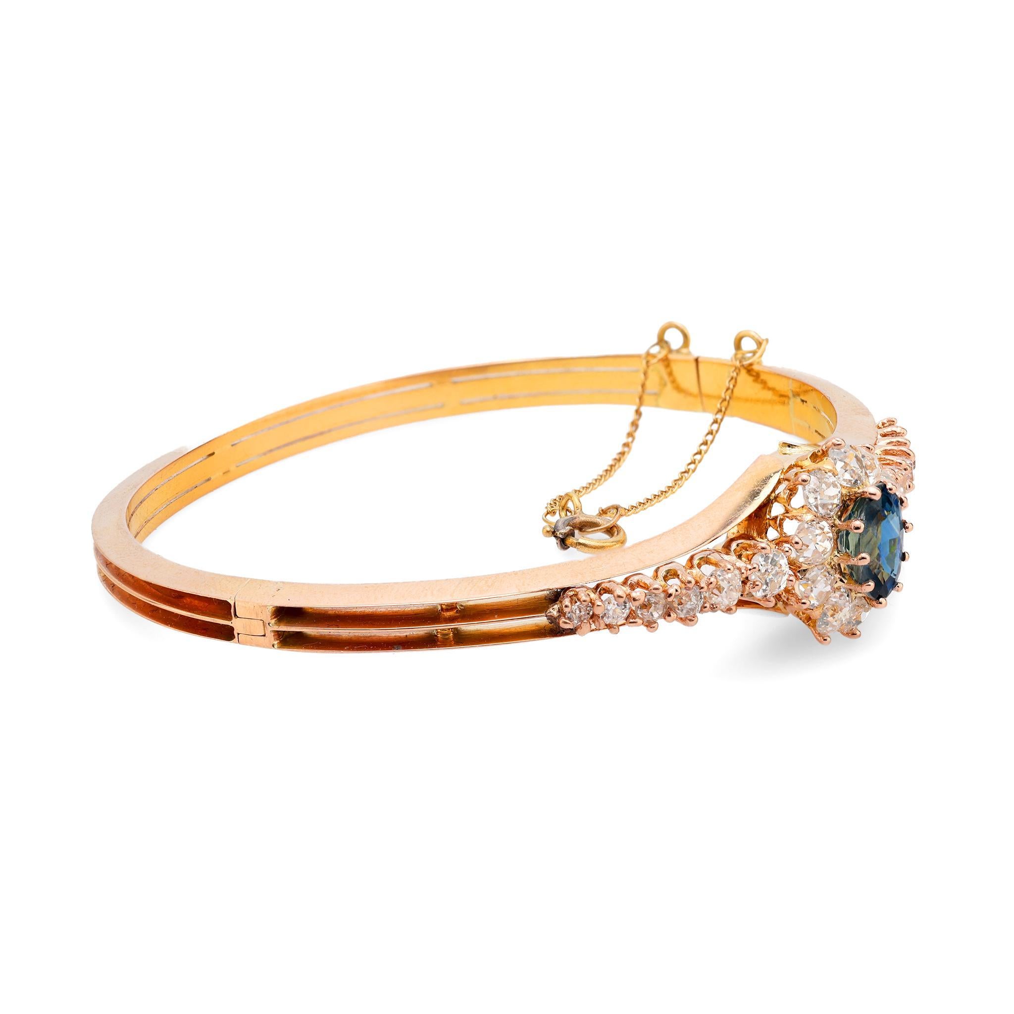 Victorian Antique French 1.60 carat sapphire diamond 18k rose gold bangle For Sale