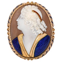 Antique French 16k Yellow Gold Sardonyx Shell Commesso Cameo Brooch