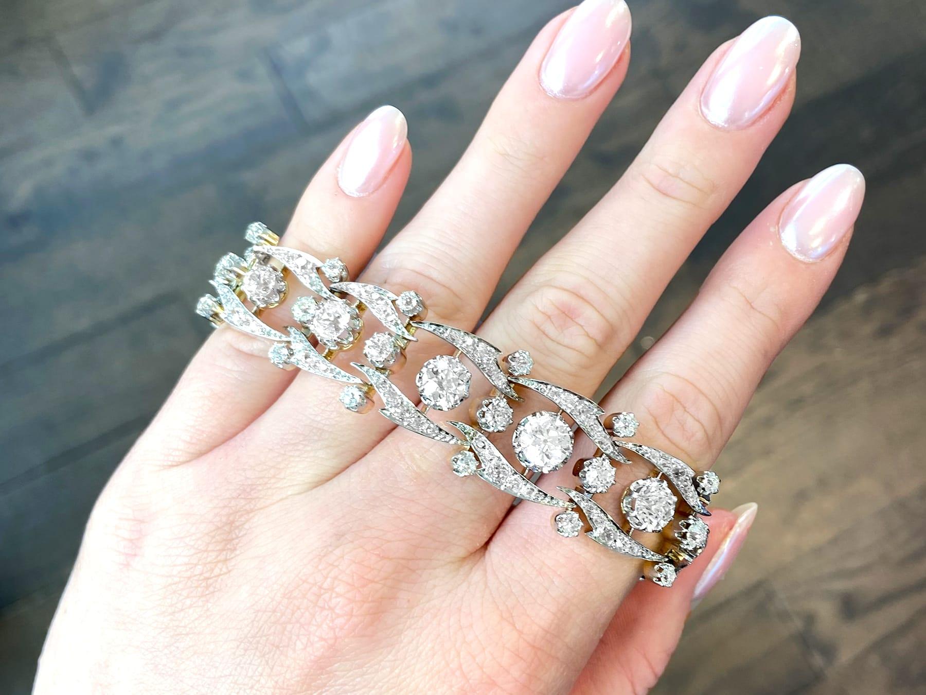 A stunning antique French 17.35 carat diamond and 18 karat yellow gold, 18 karat white gold bracelet; part of our diverse antique jewelry and estate jewelry collections.

This stunning, fine and impressive French antique diamond bracelet has been