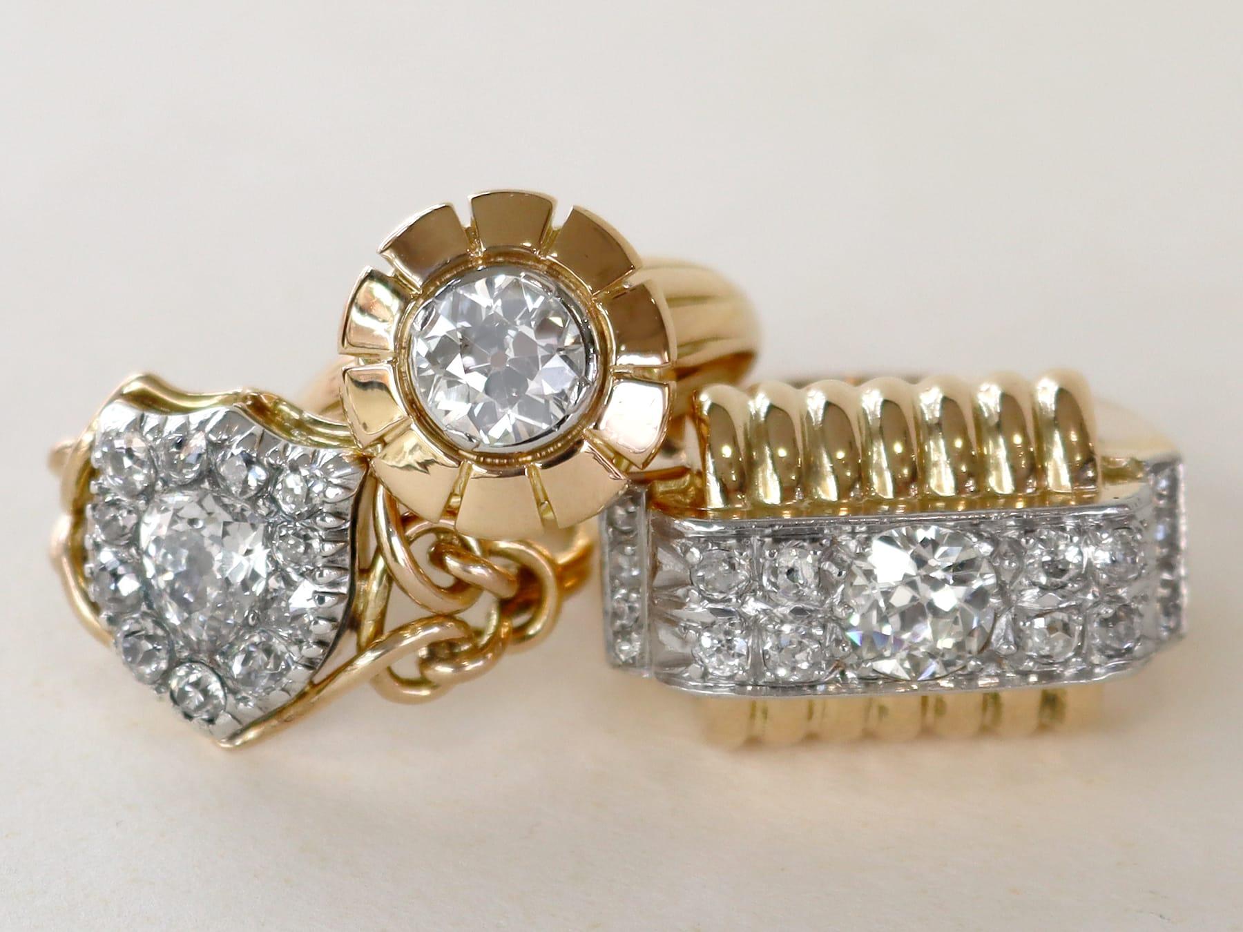 Anillo de Vestido Antique French de Oro Amarillo y Diamantes de 1,77 Quilates Art Decó Corte europeo antiguo en venta