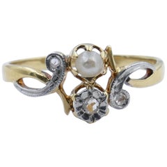 Antique French 18 Carat Yellow and White Gold Pearl and Diamond Ring