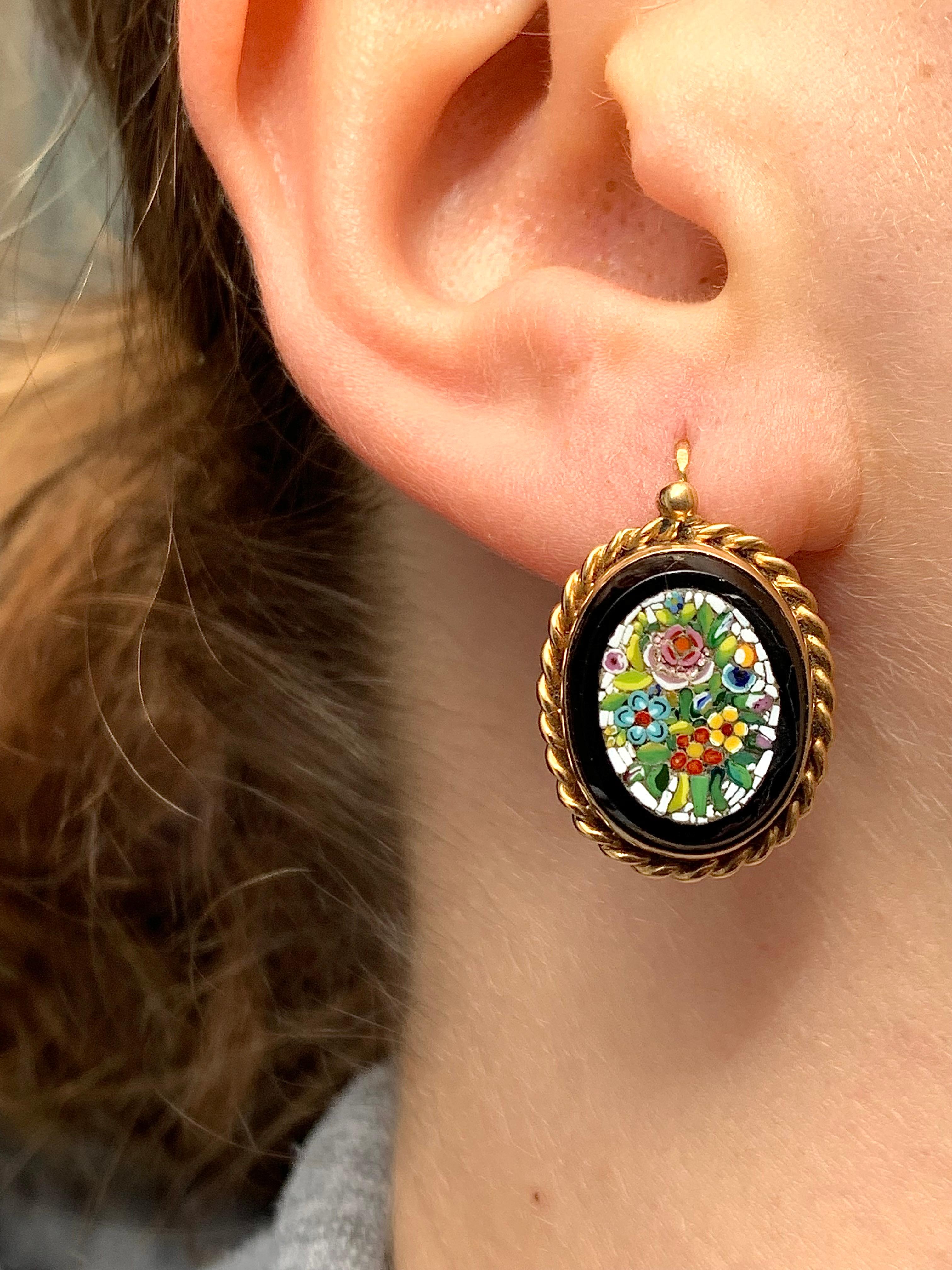Victorian Antique French 18 Karat Dangling Earrings Roman Micro Mosaic Flower Bouquets For Sale