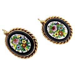 Vintage French 18 Karat Dangling Earrings Roman Micro Mosaic Flower Bouquets