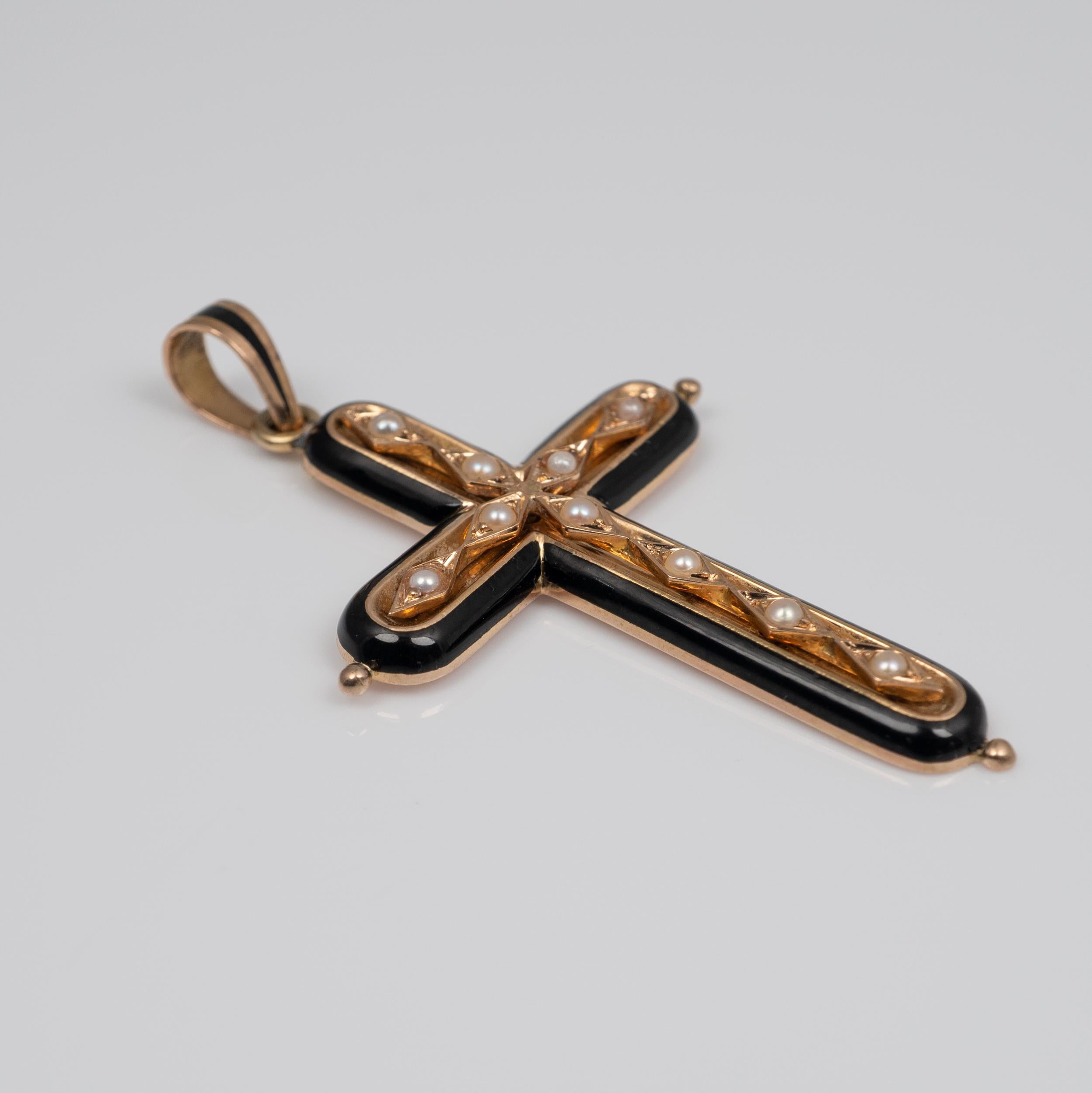 Early Victorian Antique French 18 Karat Gold Black Enamel Pearl Set Cross Pendant, circa 1900