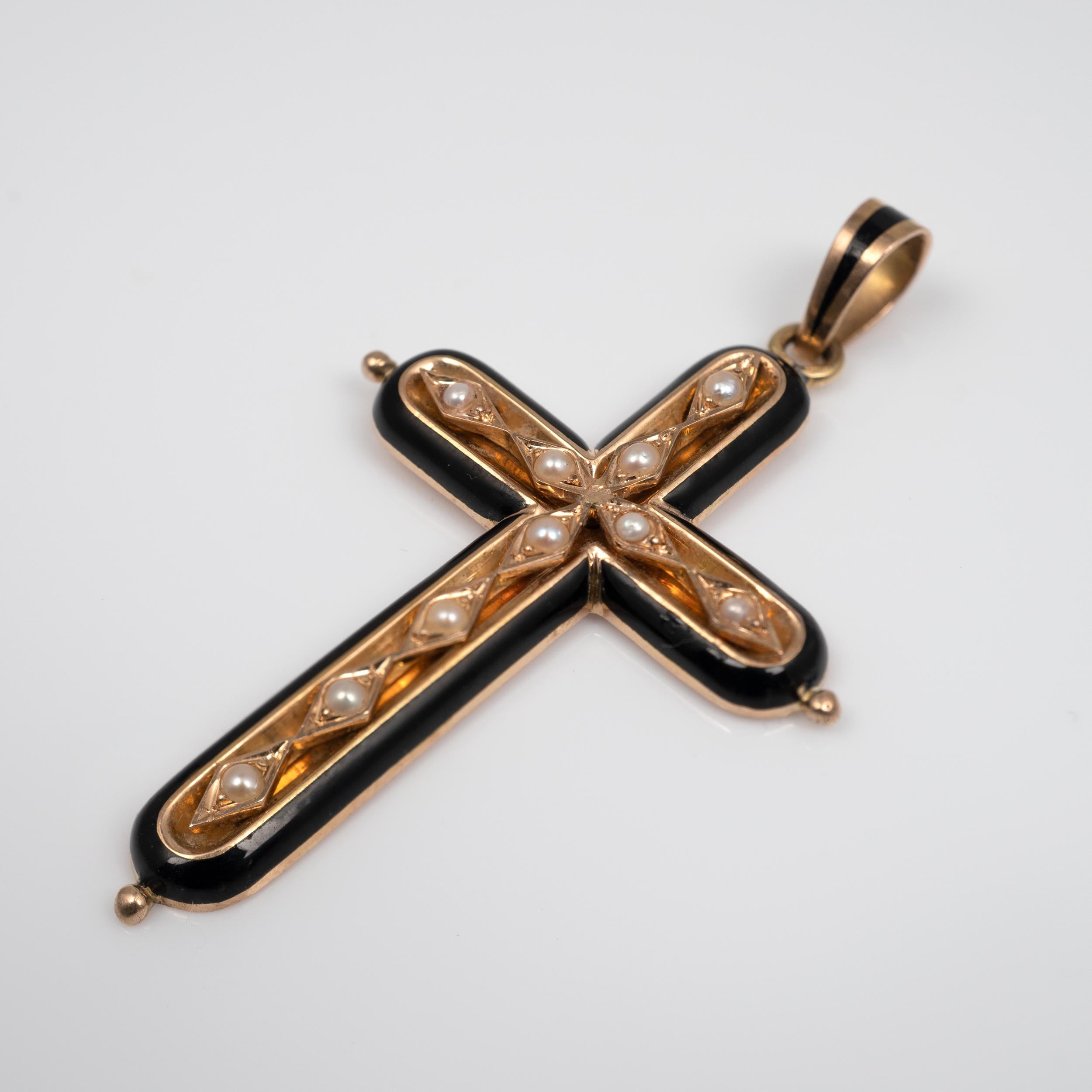 Women's or Men's Antique French 18 Karat Gold Black Enamel Pearl Set Cross Pendant, circa 1900