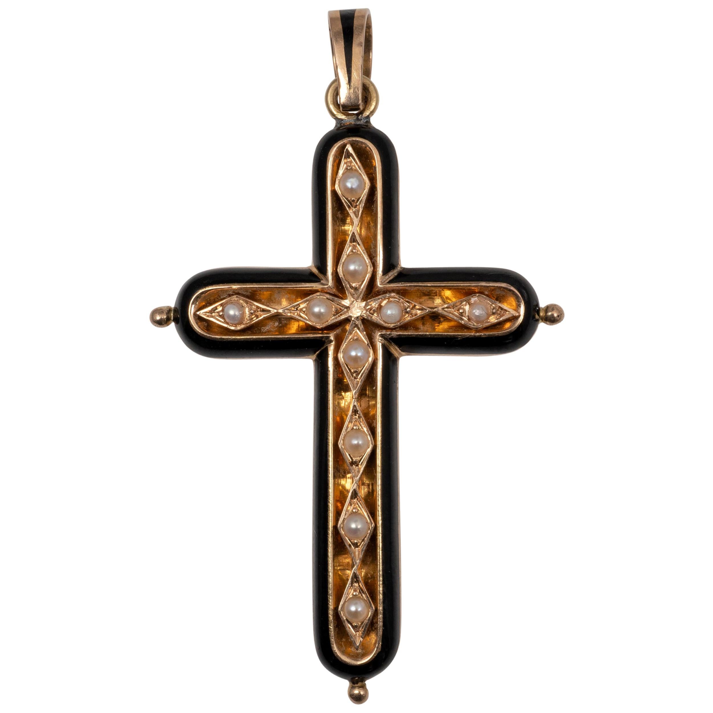 Antique French 18 Karat Gold Black Enamel Pearl Set Cross Pendant, circa 1900