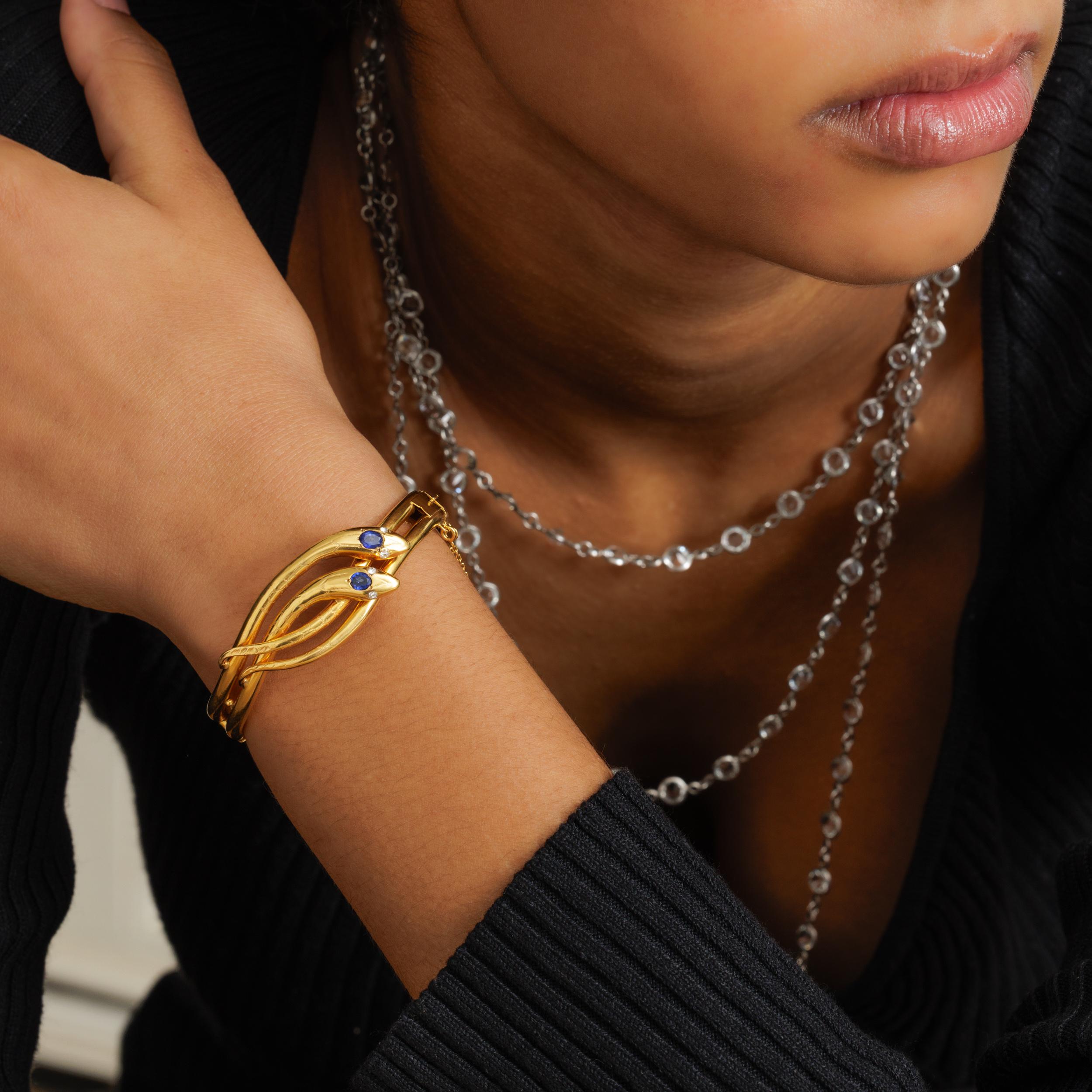 Belle Époque Antique French 18 Karat Gold Diamond, Sapphire Double Snake Bracelet Bangle For Sale