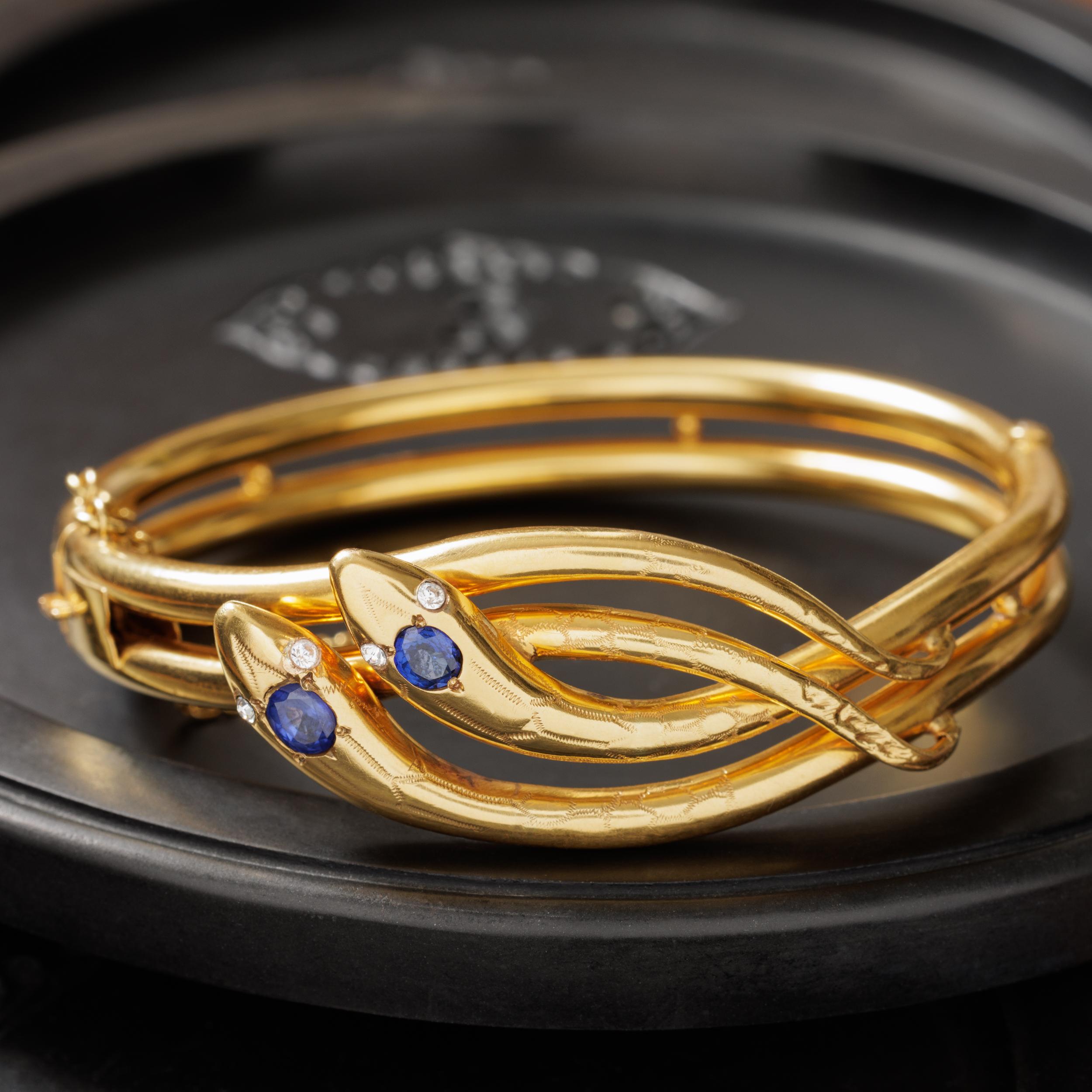 Oval Cut Antique French 18 Karat Gold Diamond, Sapphire Double Snake Bracelet Bangle For Sale