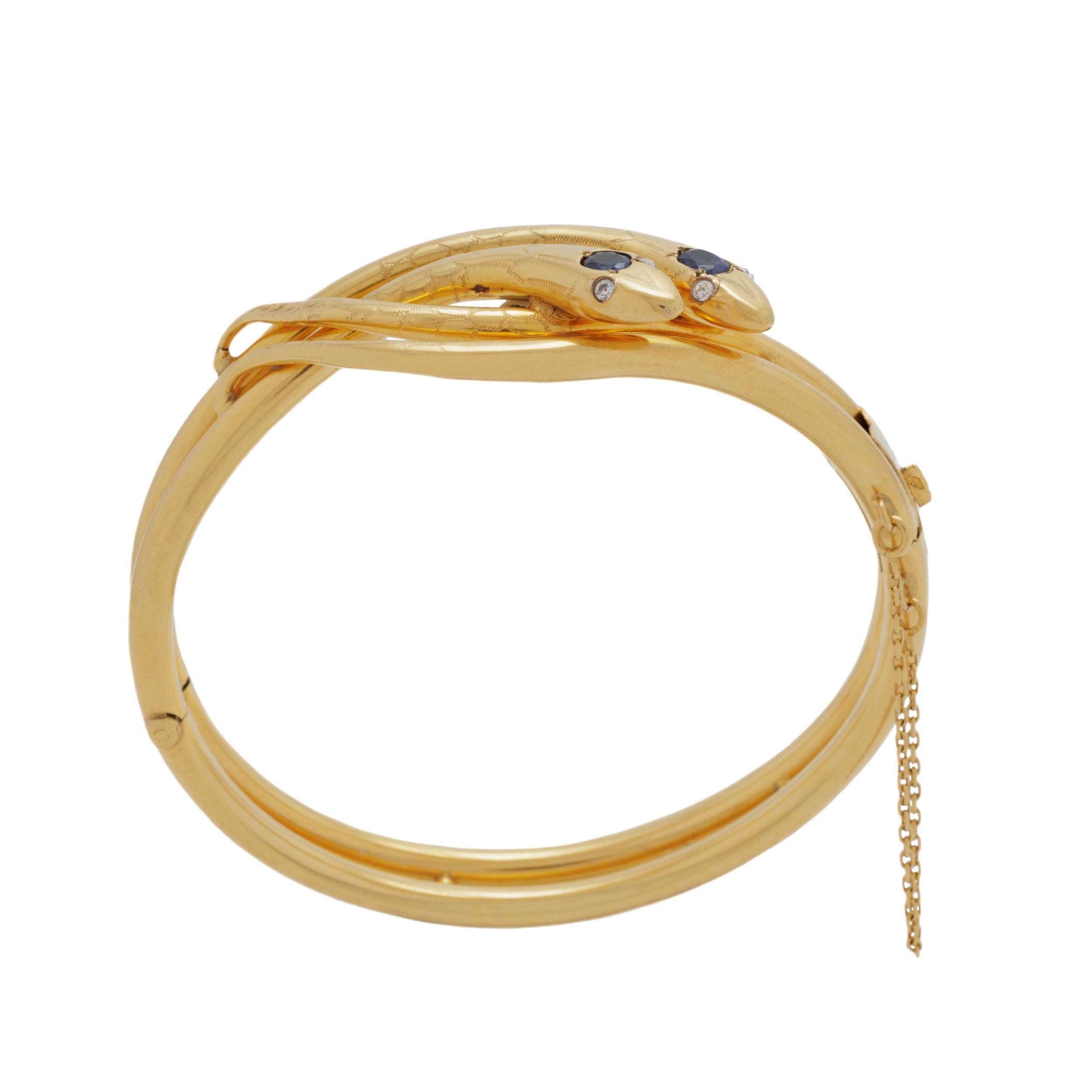 Women's or Men's Antique French 18 Karat Gold Diamond, Sapphire Double Snake Bracelet Bangle For Sale