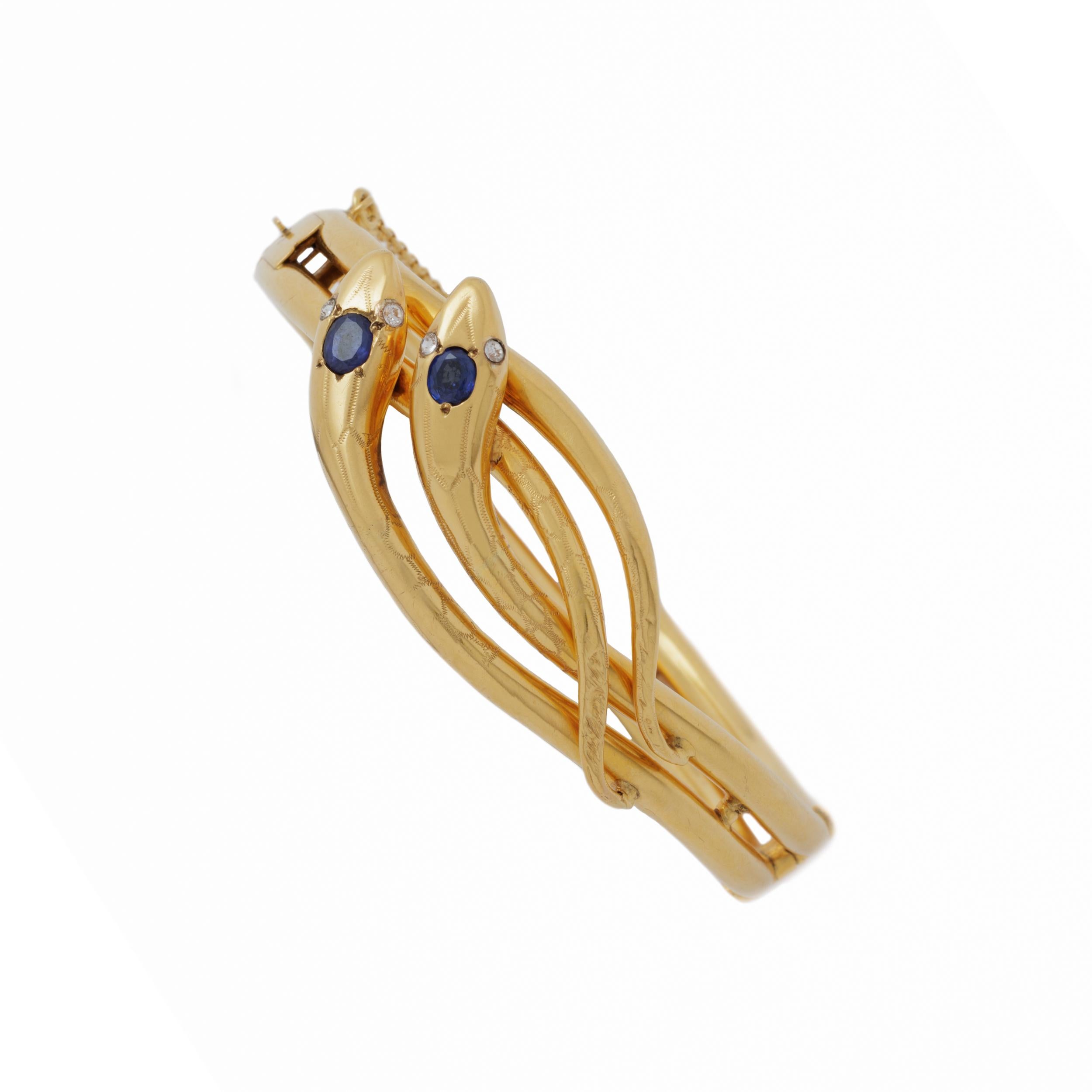 Antique French 18 Karat Gold Diamond, Sapphire Double Snake Bracelet Bangle For Sale 1