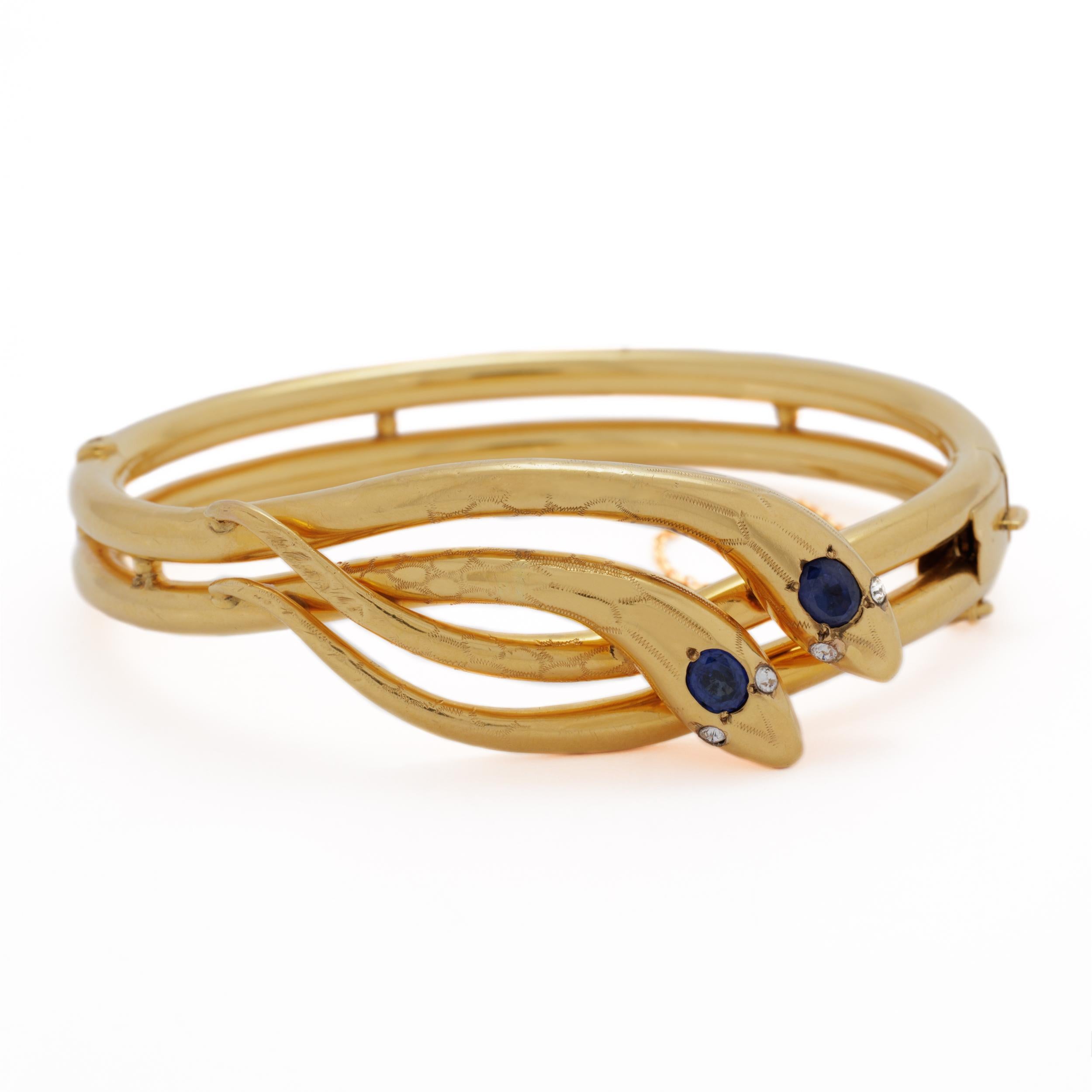 Antique French 18 Karat Gold Diamond, Sapphire Double Snake Bracelet Bangle For Sale