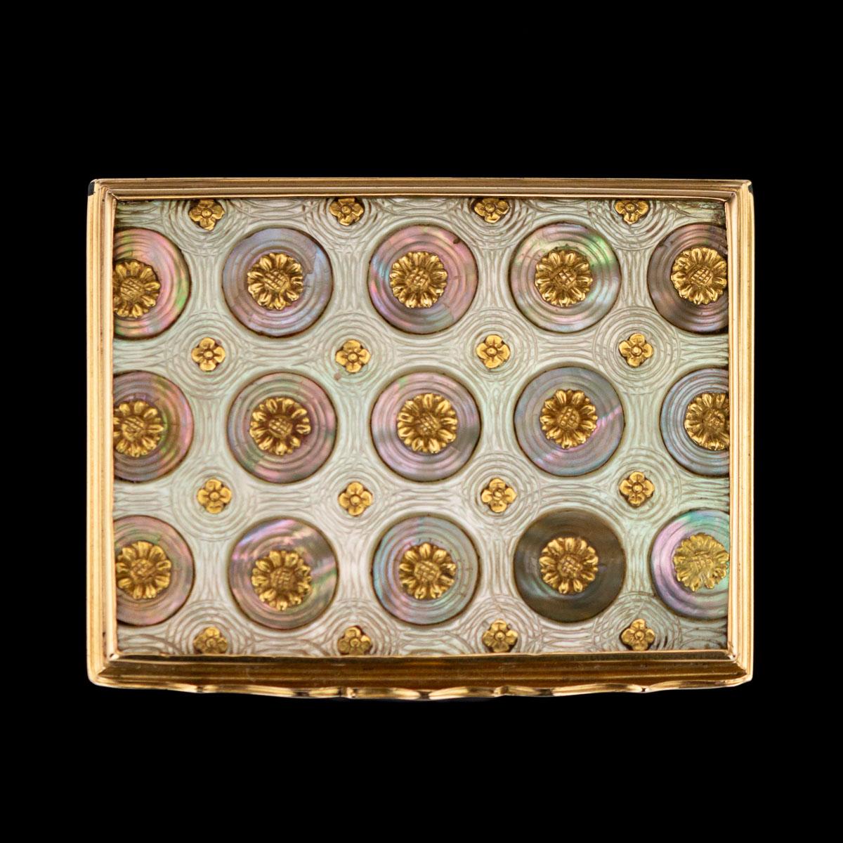Antique mid-18th century French magnificent 18-karat gold-mounted on mother of pearl snuff box, of rectangular shape, the cover with a panel of engraved mother of pearl inset with roundels of darker shell, each centred with a gold flowerhead, with